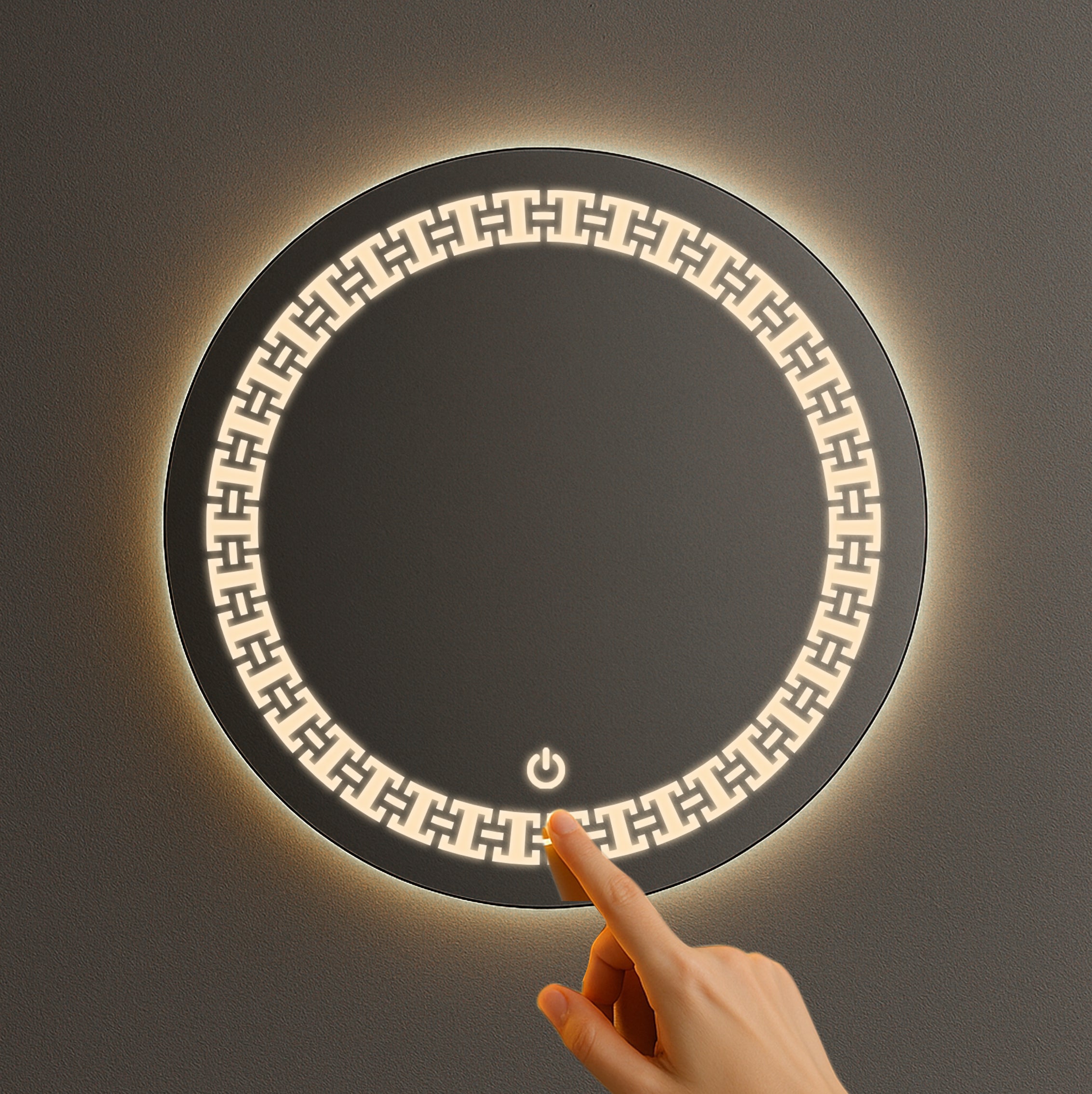 Round LED Mirror with Geometric Greek Key Pattern – Touch Sensor & Dual Light Options
