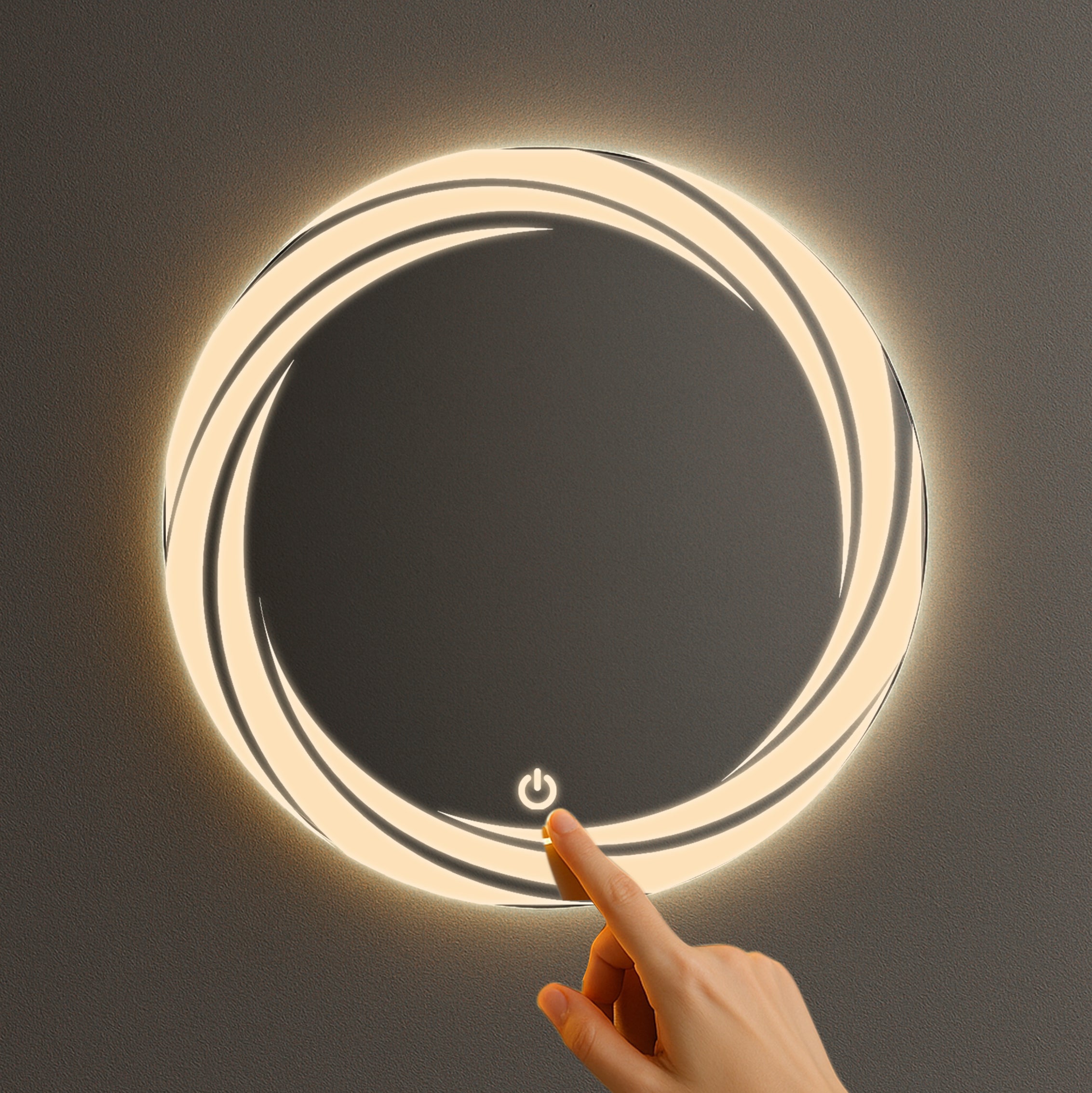 Round LED Mirror with Swirl Light Design – Touch Sensor & Dual Light Modes