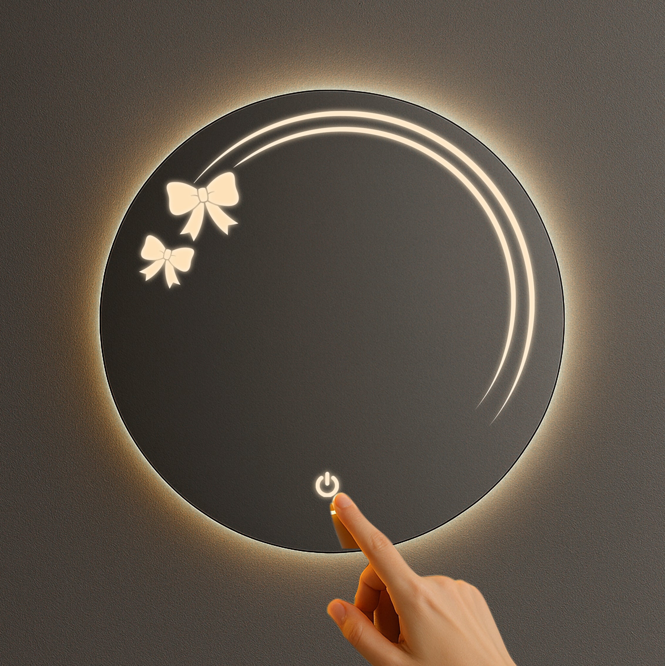 Round LED Mirror with Bow Accent Light Design – Touch Sensor & Dual Light Modes