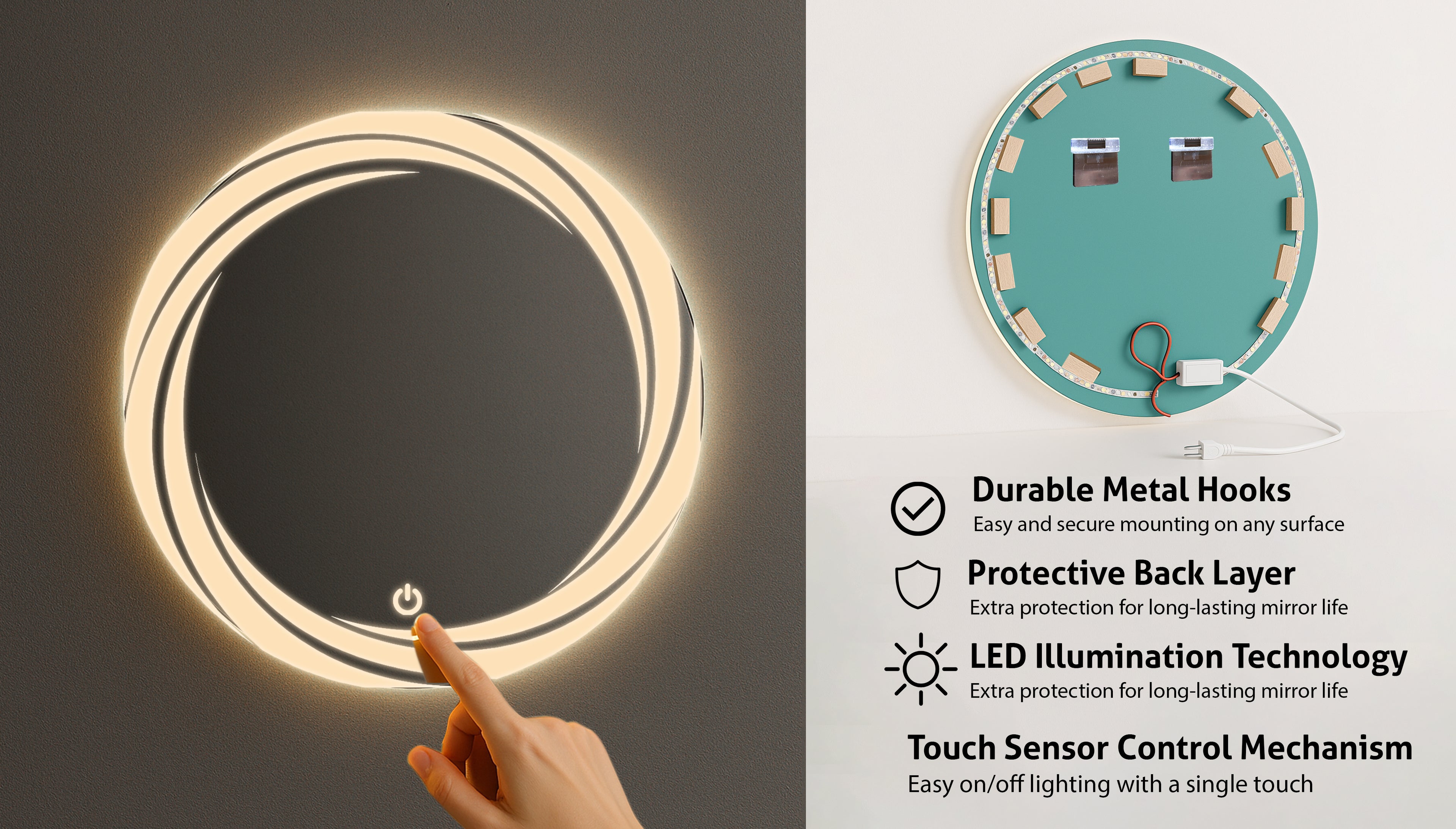 Round LED Mirror with Swirl Light Design – Touch Sensor & Dual Light Modes