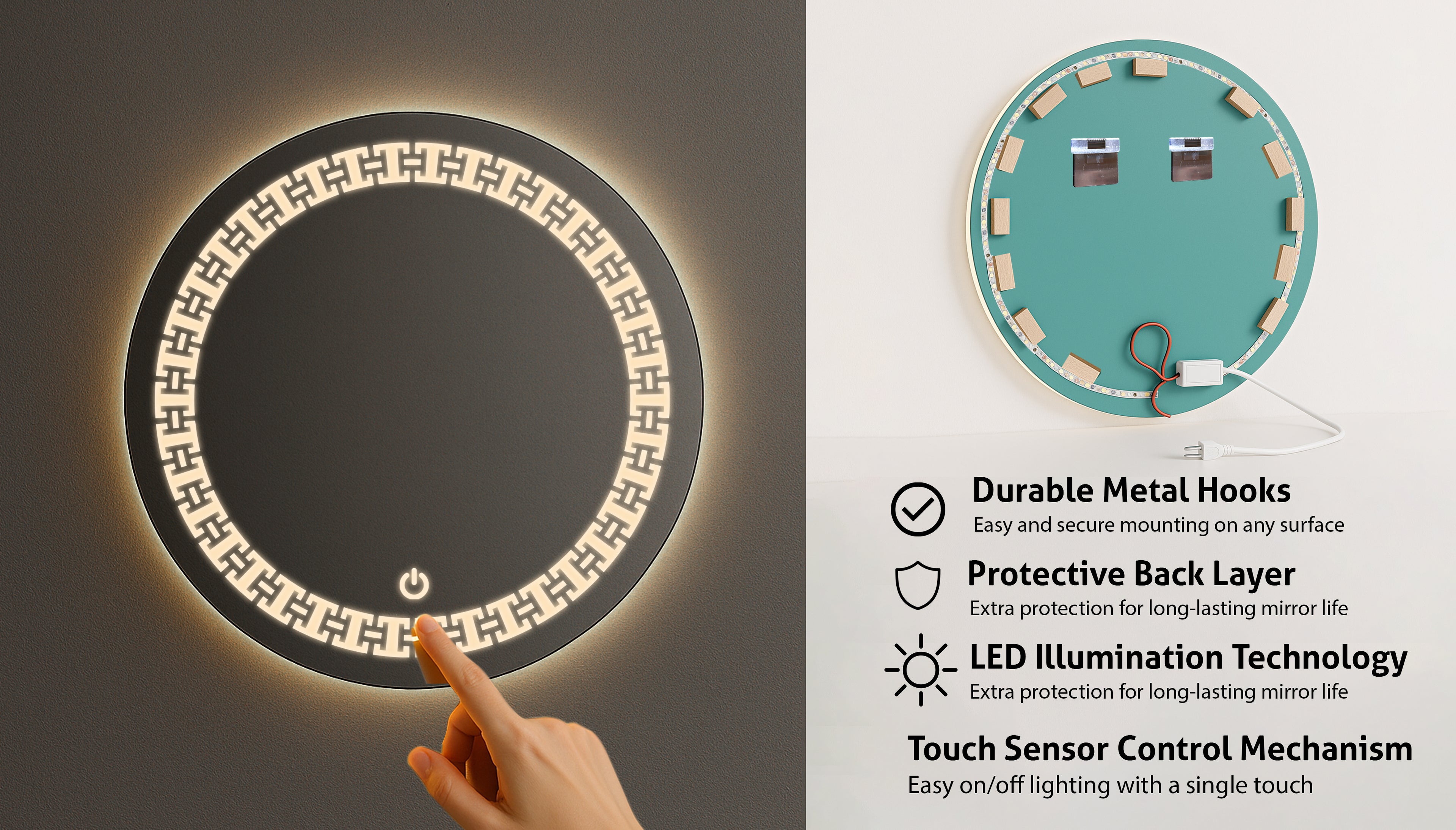 Round LED Mirror with Geometric Greek Key Pattern – Touch Sensor & Dual Light Options