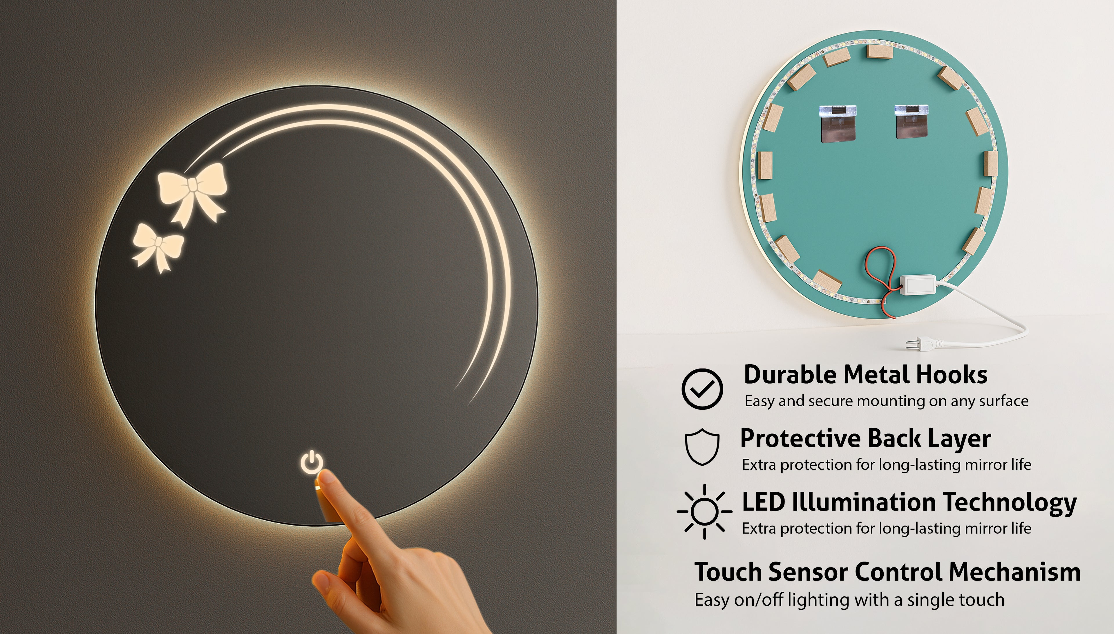 Round LED Mirror with Bow Accent Light Design – Touch Sensor & Dual Light Modes