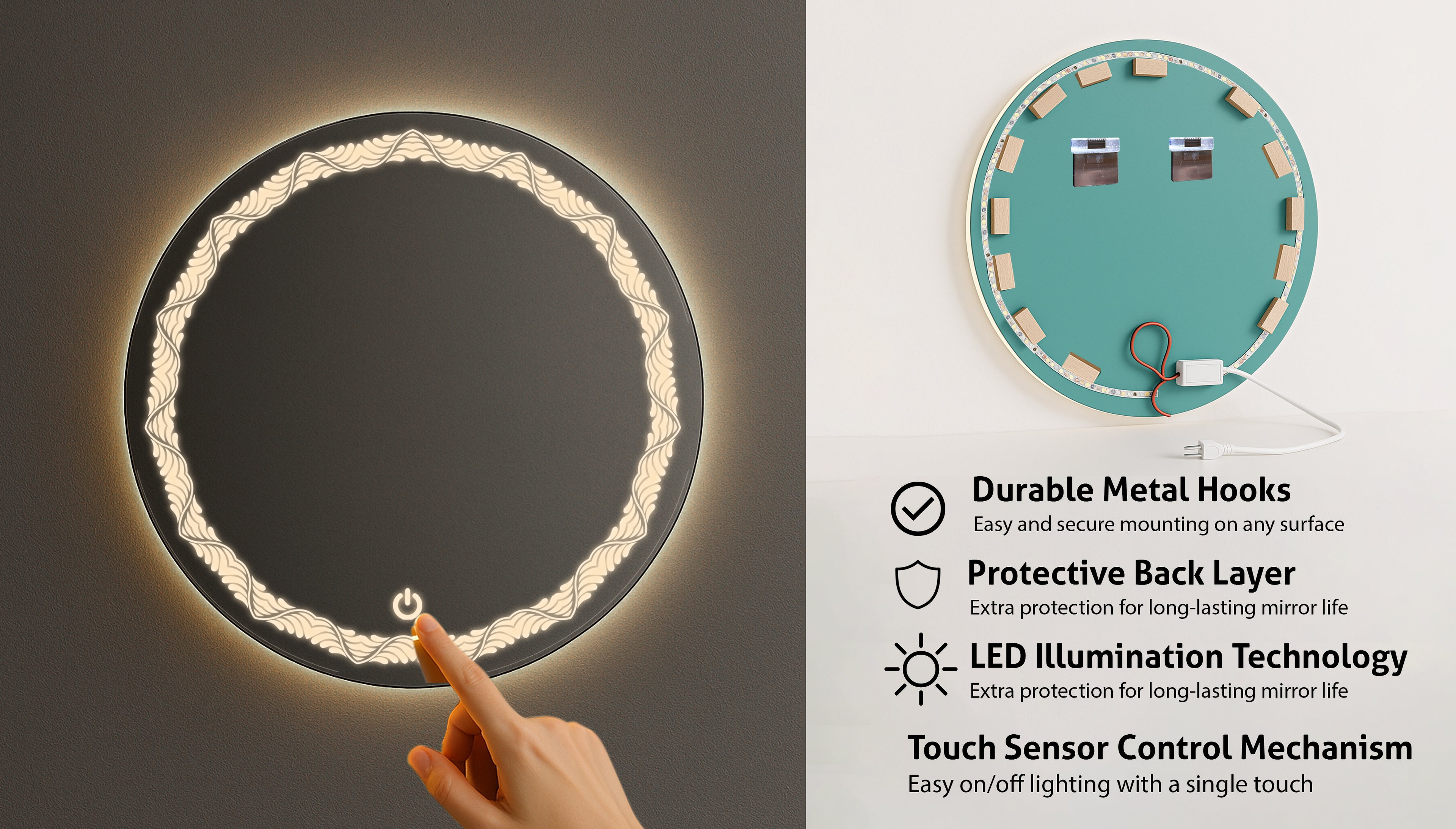 Round LED Mirror with Wave Pattern Light – Touch Sensor & Dual Light Options
