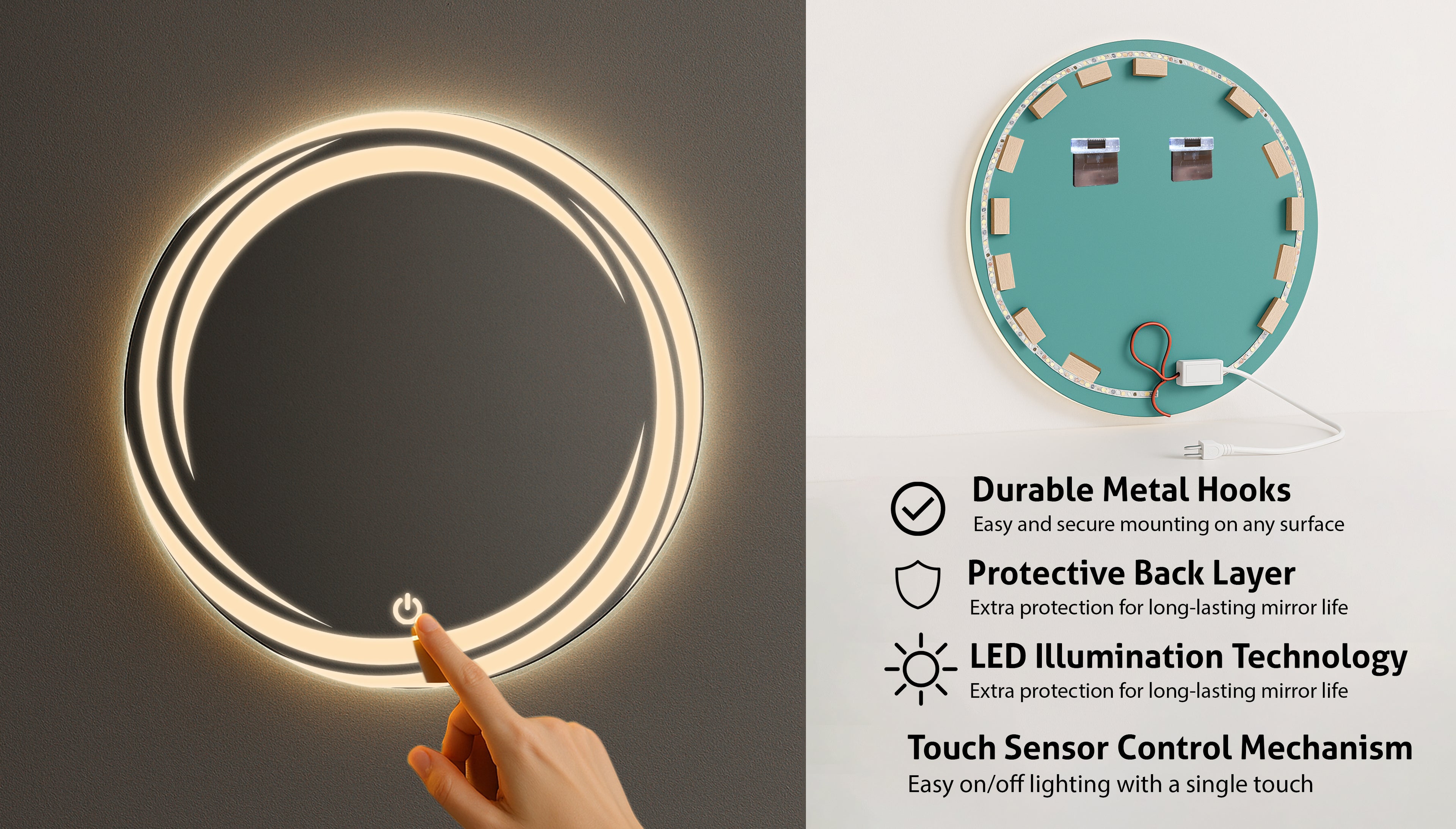 Round LED Mirror with Spiral Light Design – Touch Sensor & Dual Light Options