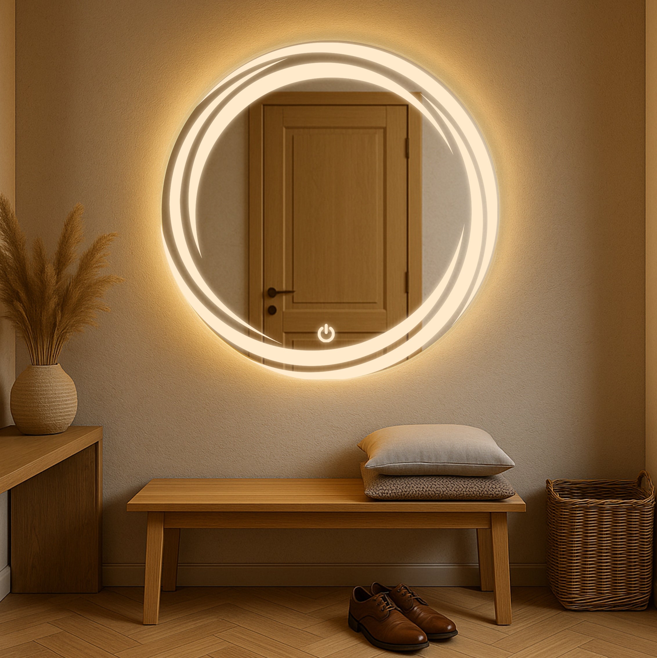 Round LED Mirror with Spiral Light Design – Touch Sensor & Dual Light Options