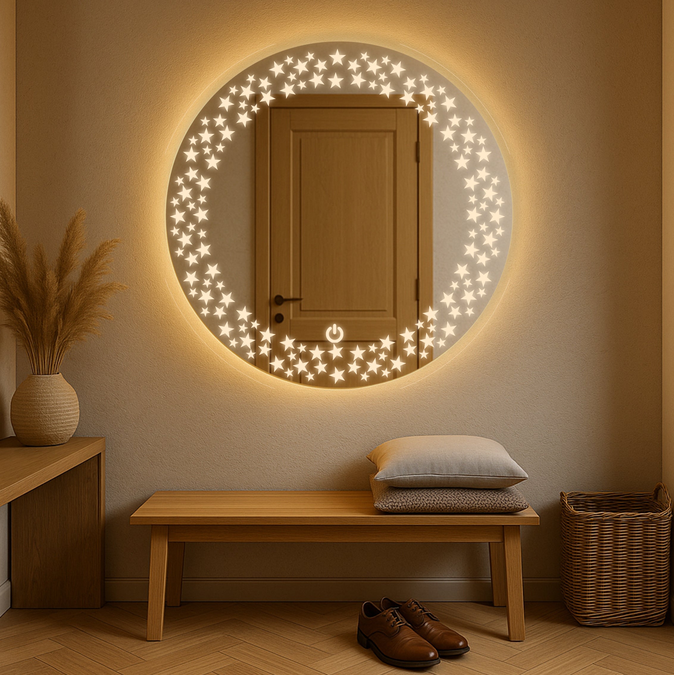 Round LED Mirror with Star Pattern Light – Touch Sensor & Dual Light Modes