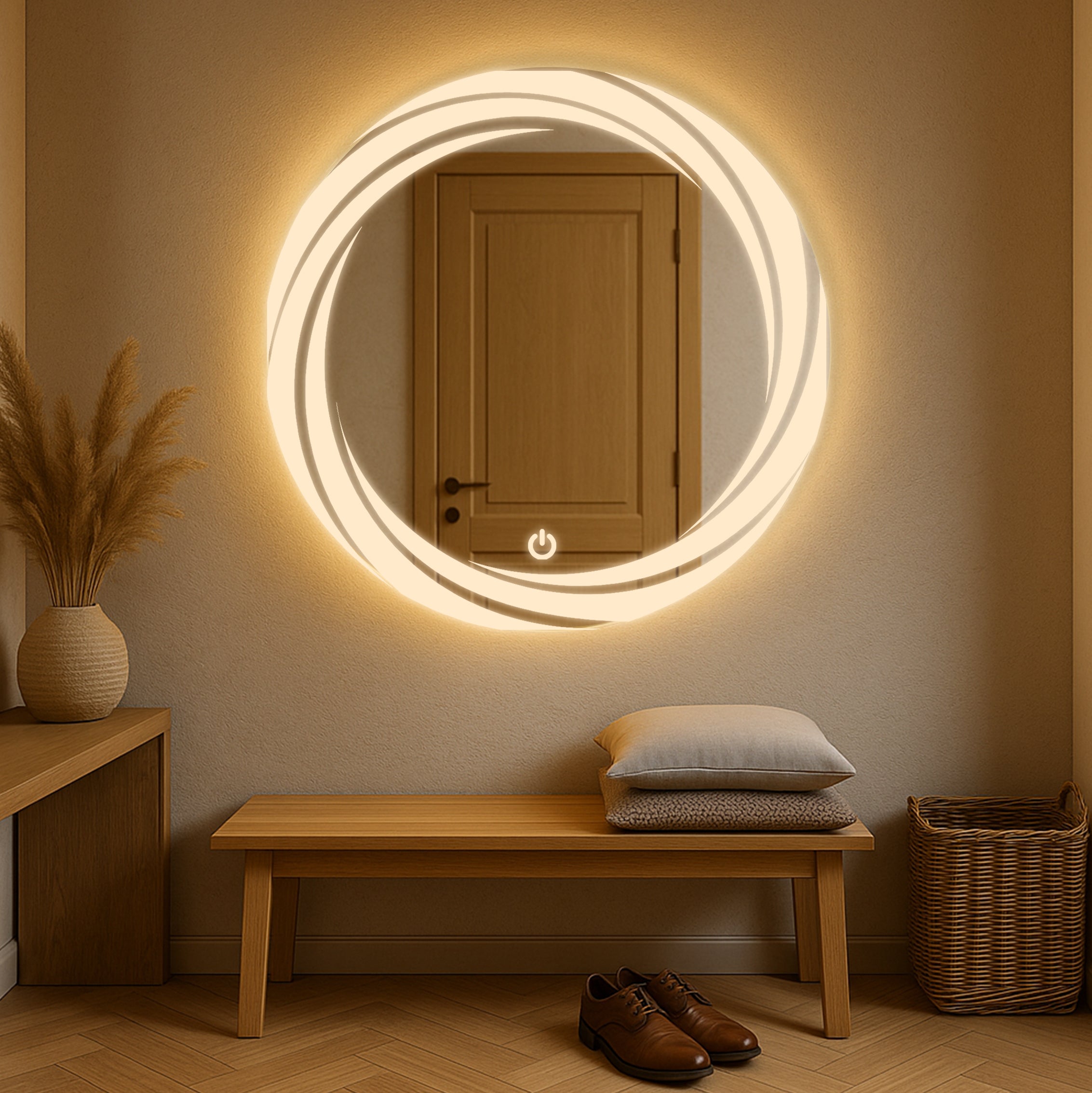 Round LED Mirror with Swirl Light Design – Touch Sensor & Dual Light Modes