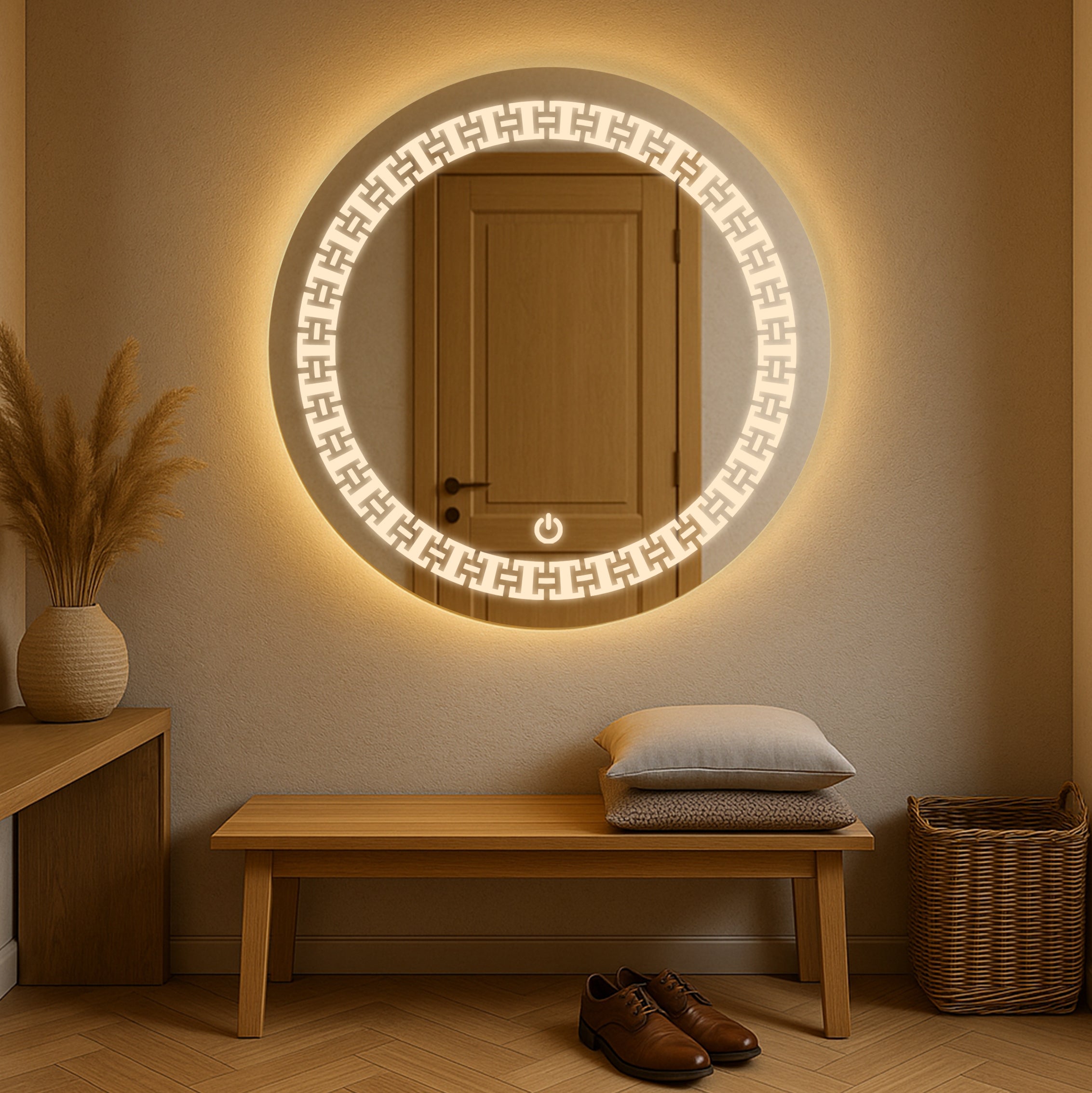 Round LED Mirror with Geometric Greek Key Pattern – Touch Sensor & Dual Light Options