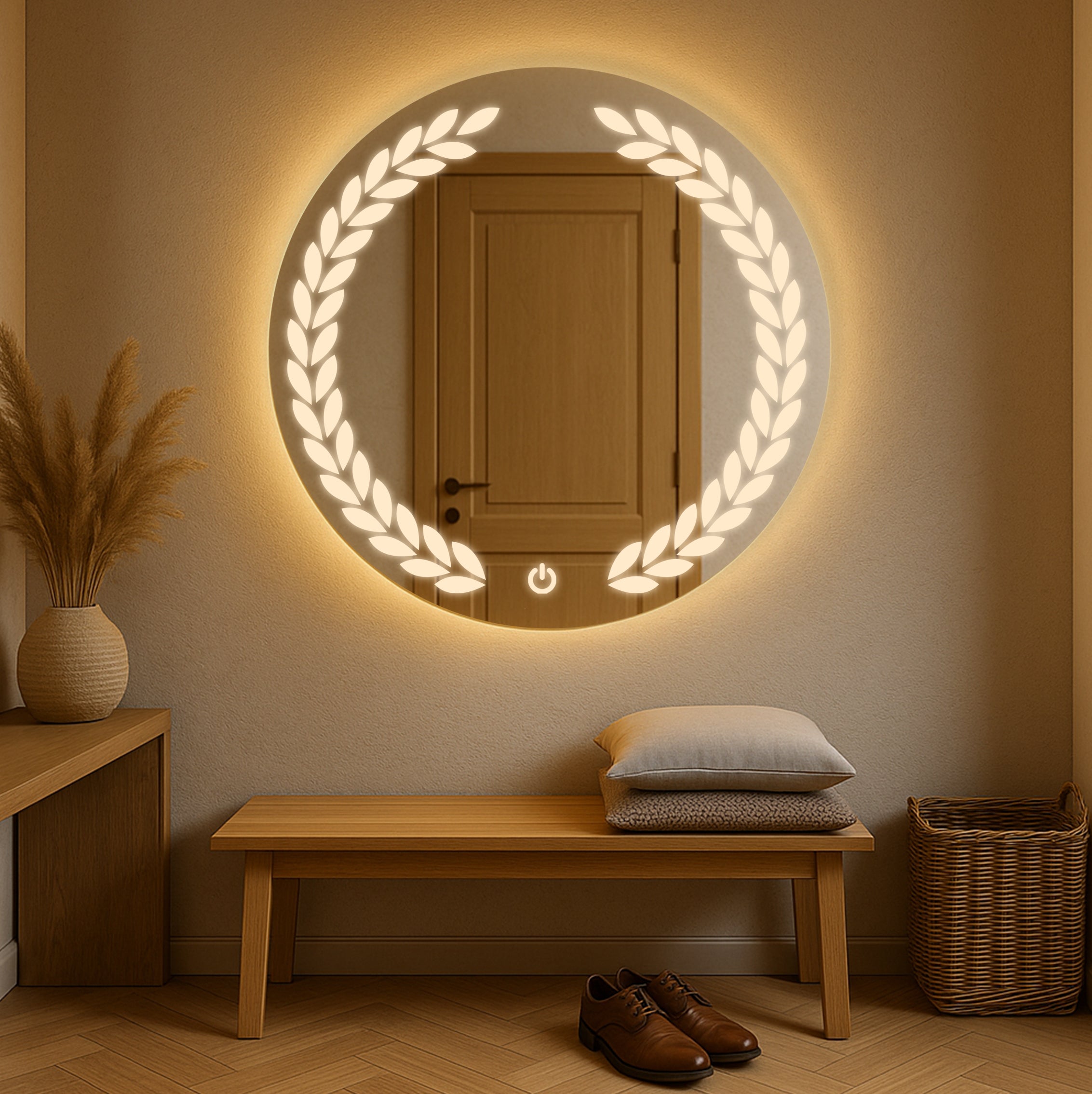 Round LED Mirror with Laurel Leaf Light Design – Touch Sensor & Dual Light Options