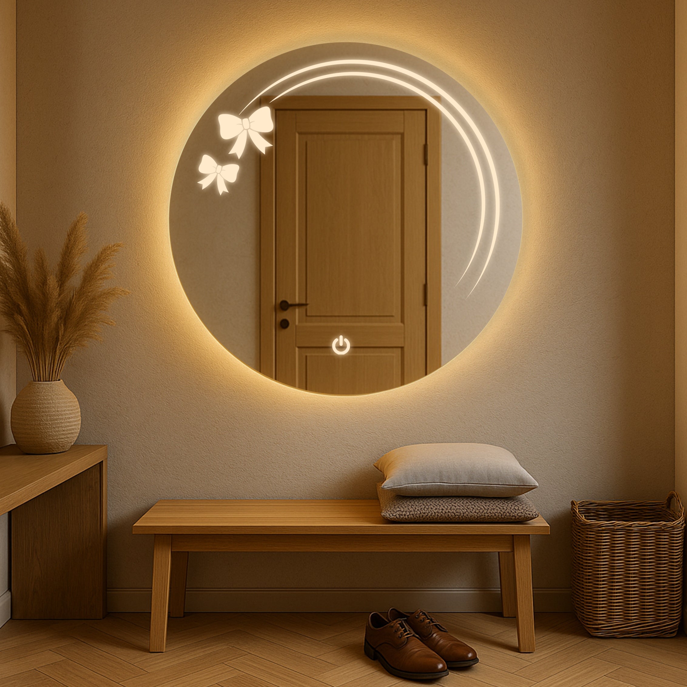 Round LED Mirror with Bow Accent Light Design – Touch Sensor & Dual Light Modes