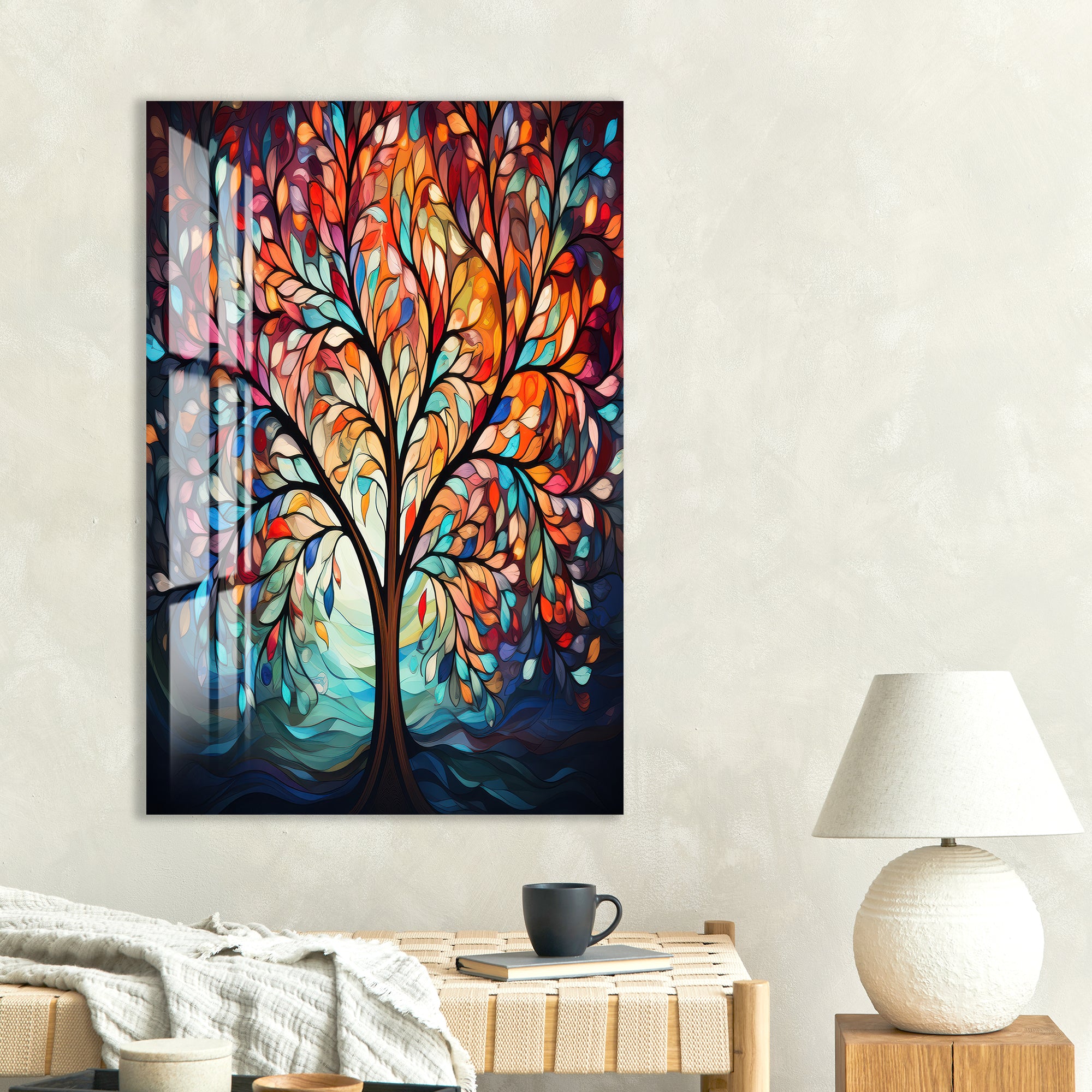Colorful Tree of Life Glass Wall Art – Abstract Tempered Glass Modern Decor