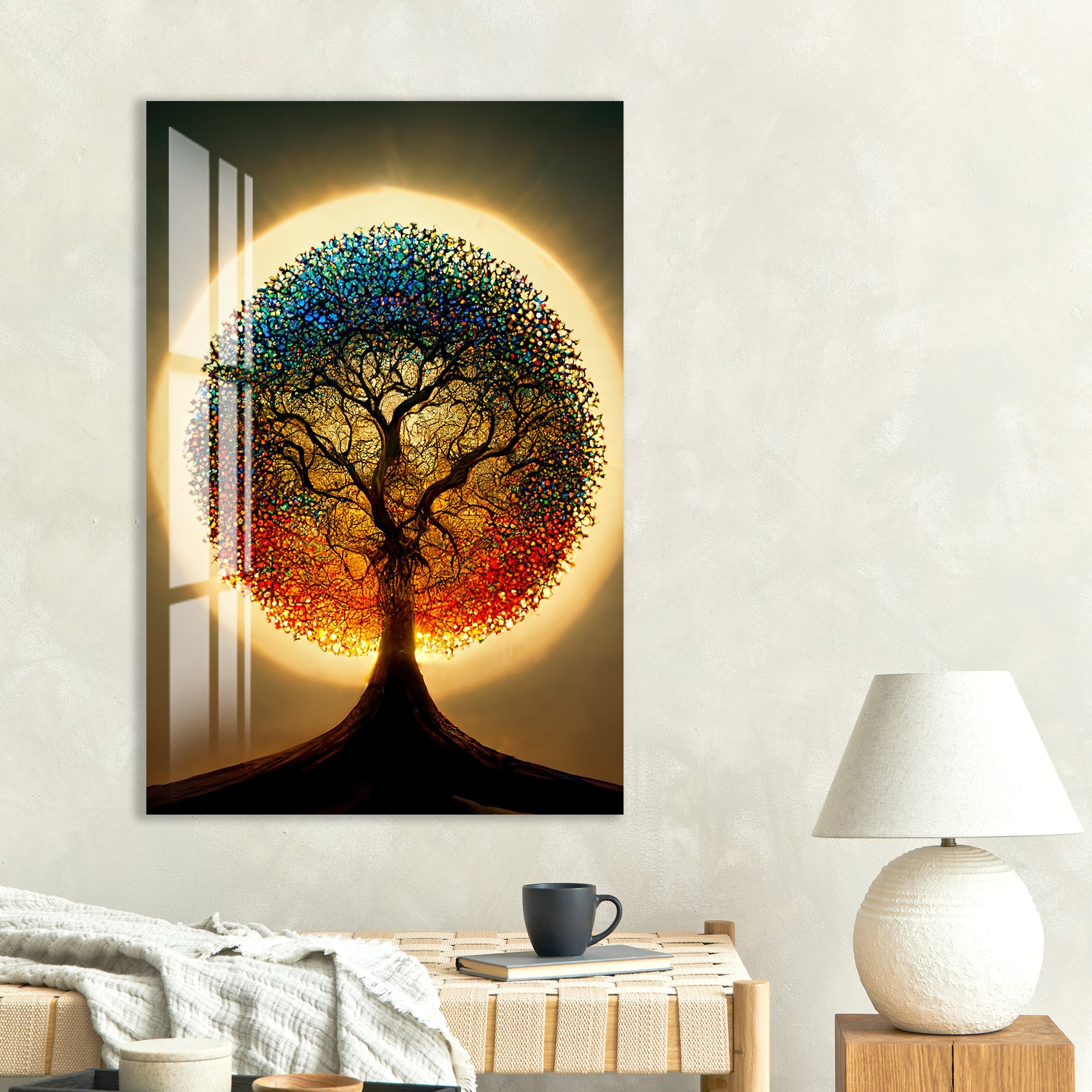 Rainbow Tree of Life Glass Wall Art – Round Colorful Tempered Glass Decor