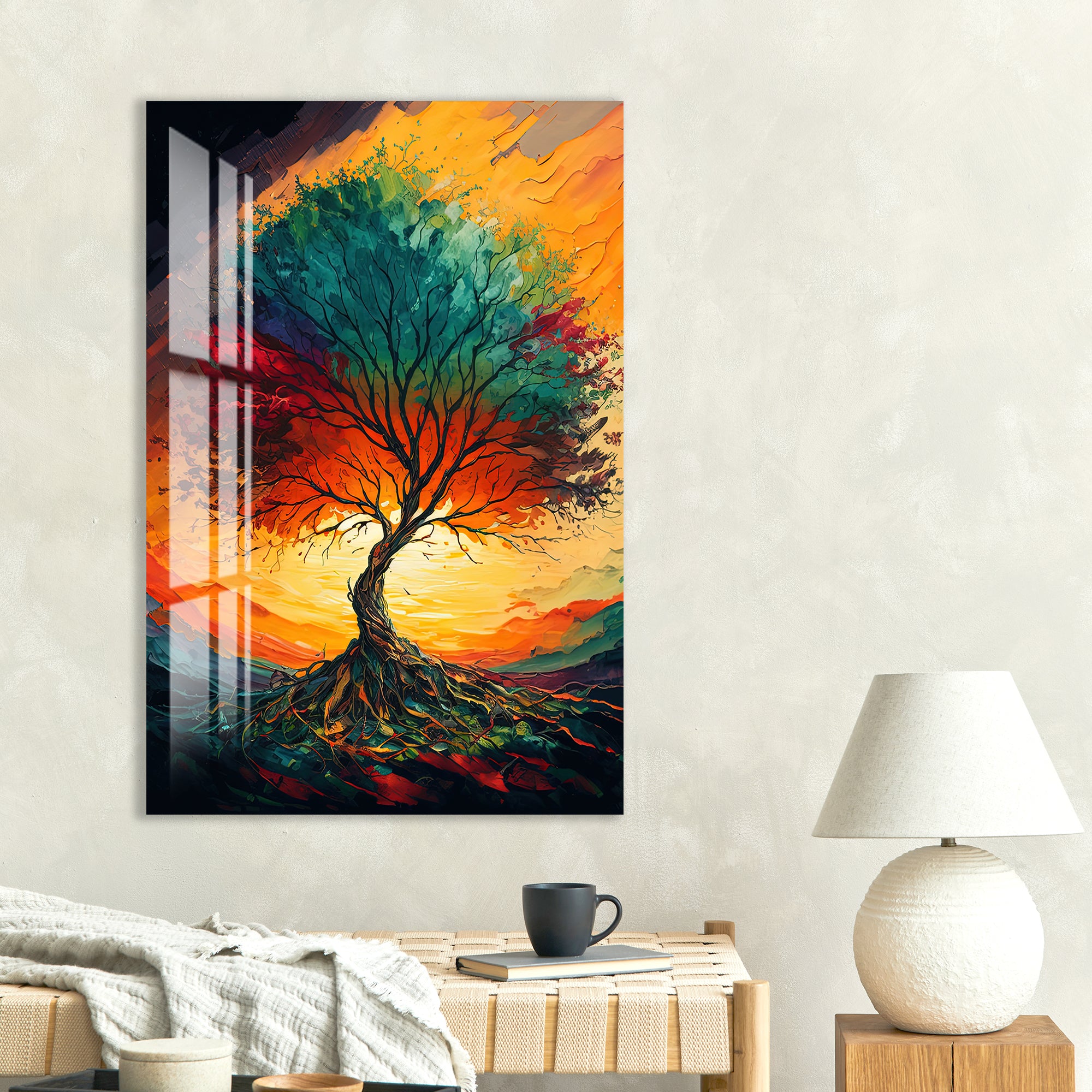 Sunset Tree of Life Glass Wall Art – Vibrant Tempered Glass Modern Decor