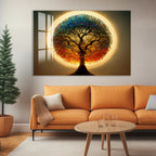 Rainbow Tree of Life Glass Wall Art – Round Colorful Tempered Glass Decor