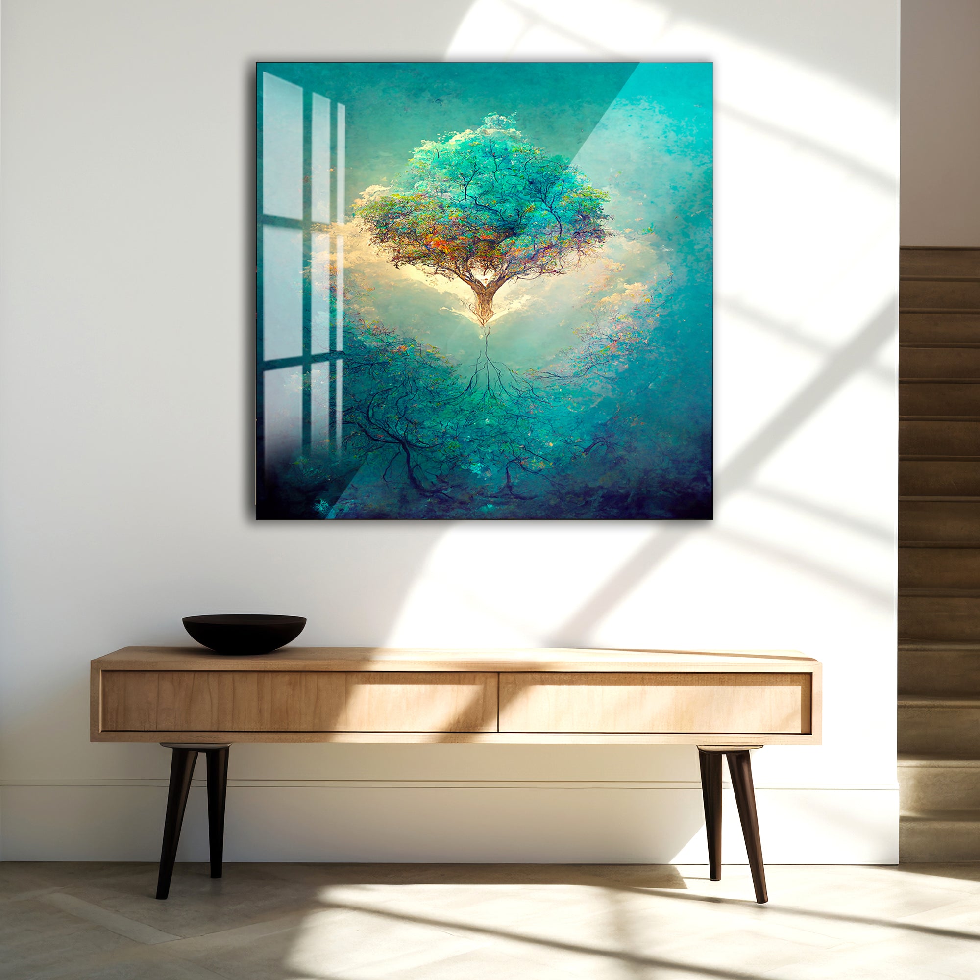 Blue Tree of Life Glass Wall Art – Modern Tempered Glass Home Decor