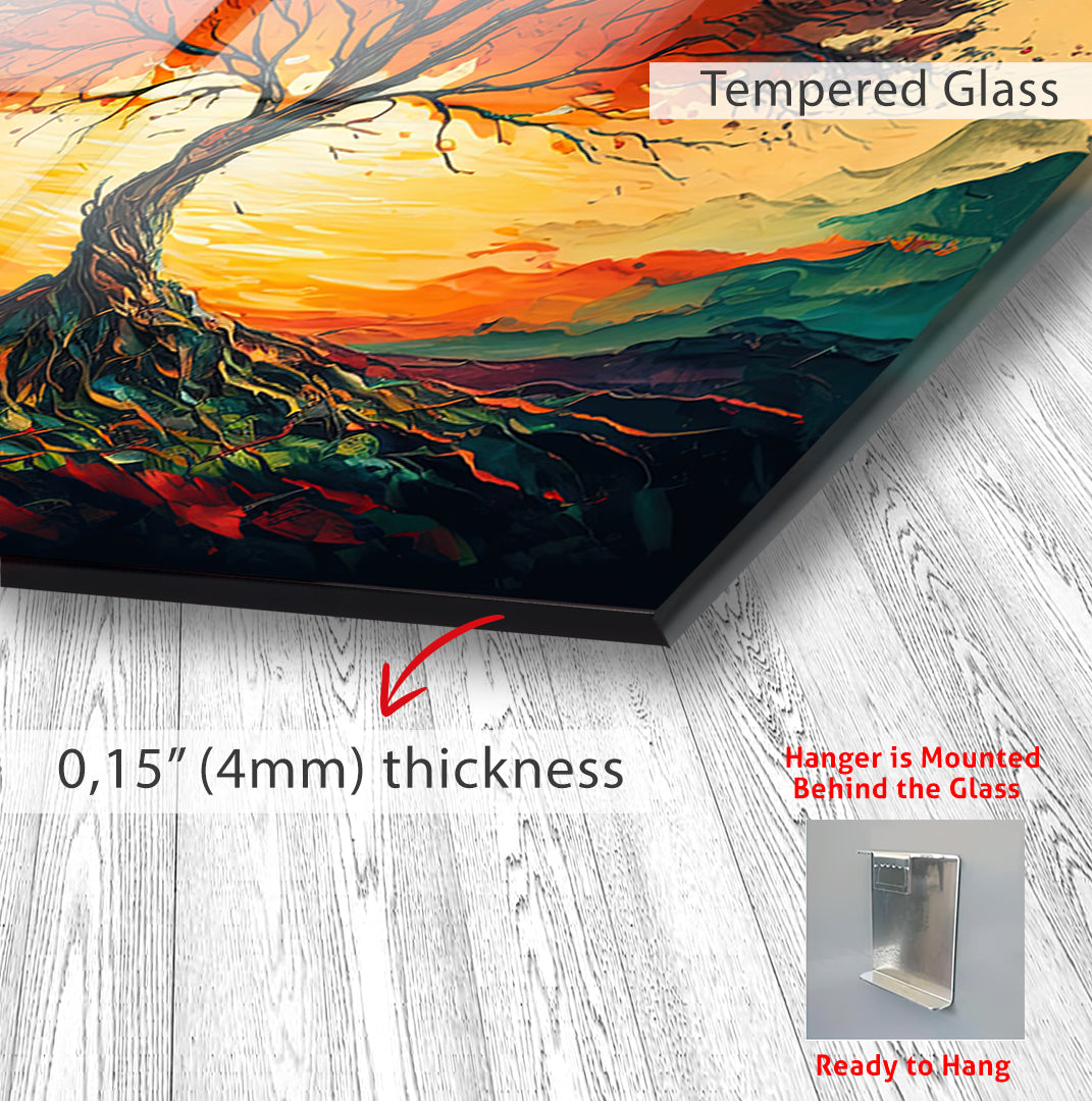 Sunset Tree of Life Glass Wall Art – Vibrant Tempered Glass Modern Decor