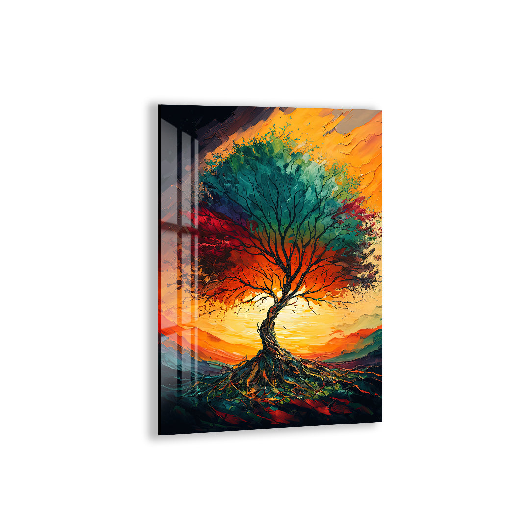 Sunset Tree of Life Glass Wall Art – Vibrant Tempered Glass Modern Decor