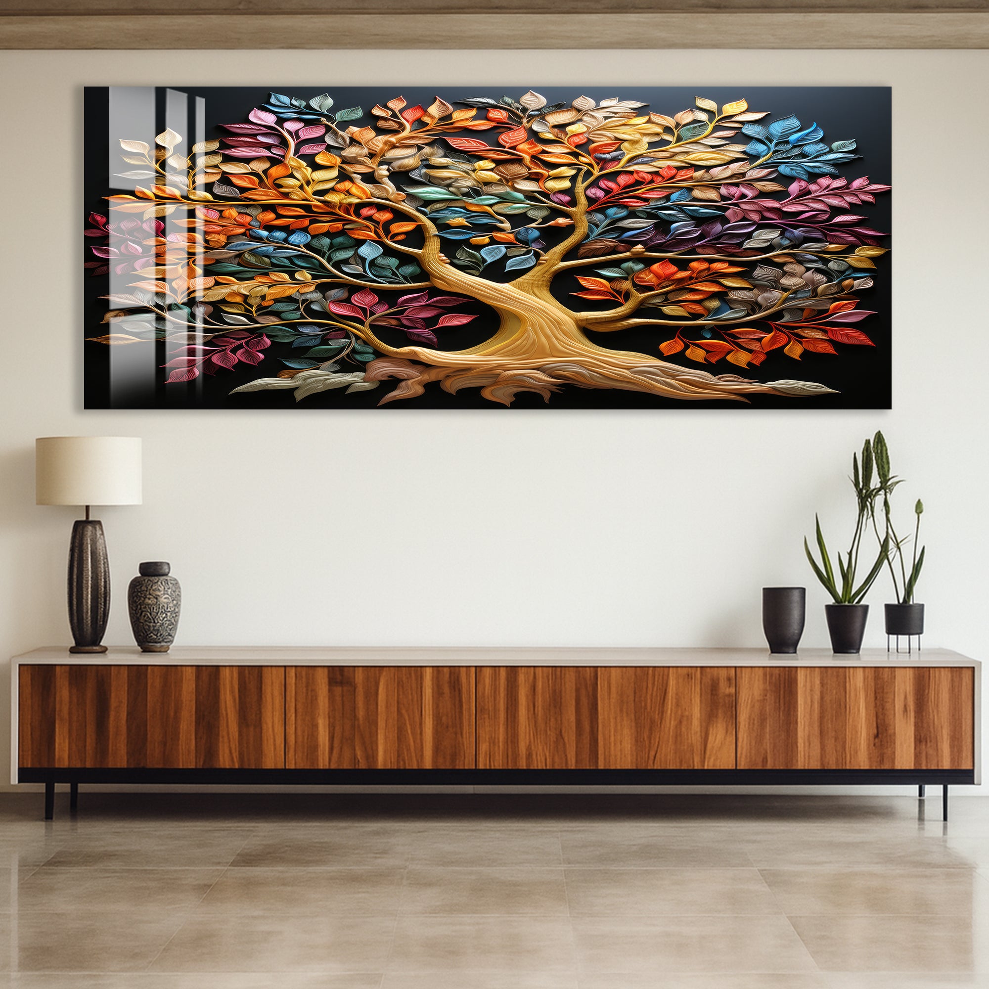 Colorful Tree of Life Glass Wall Art – Tempered Glass Modern Wall Decor