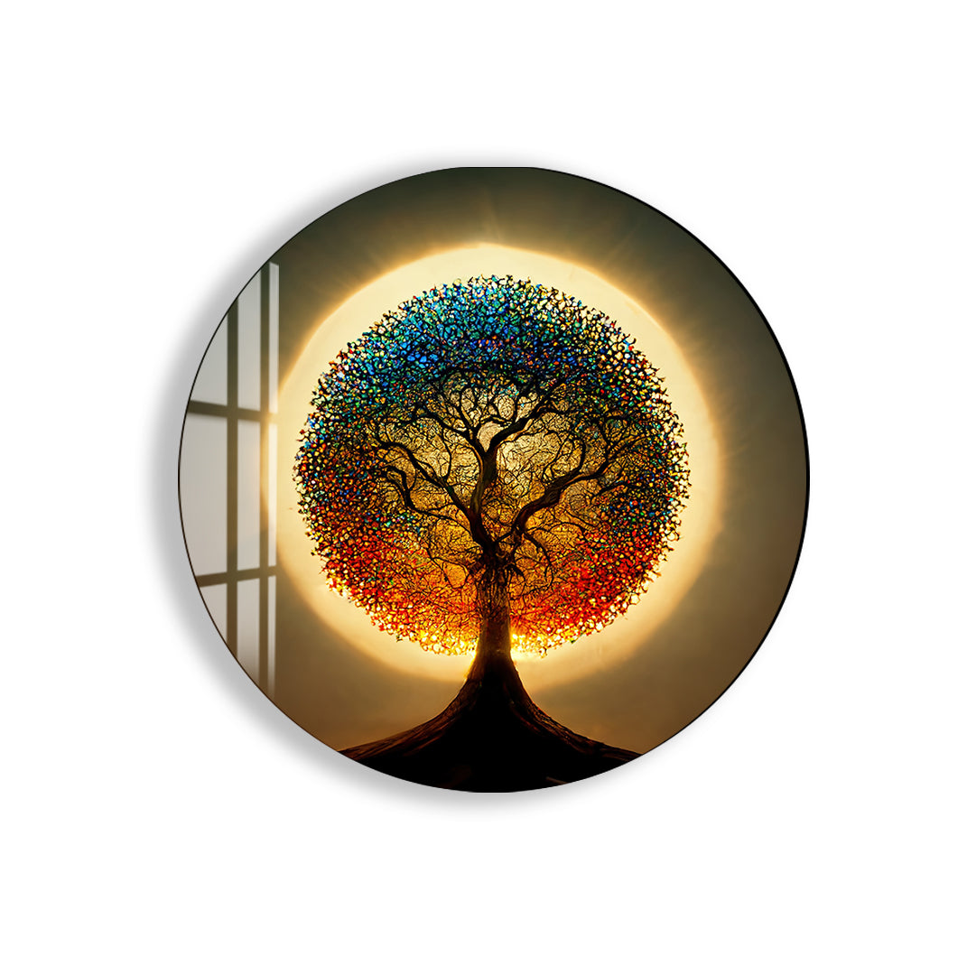 Rainbow Tree of Life Glass Wall Art – Round Colorful Tempered Glass Decor
