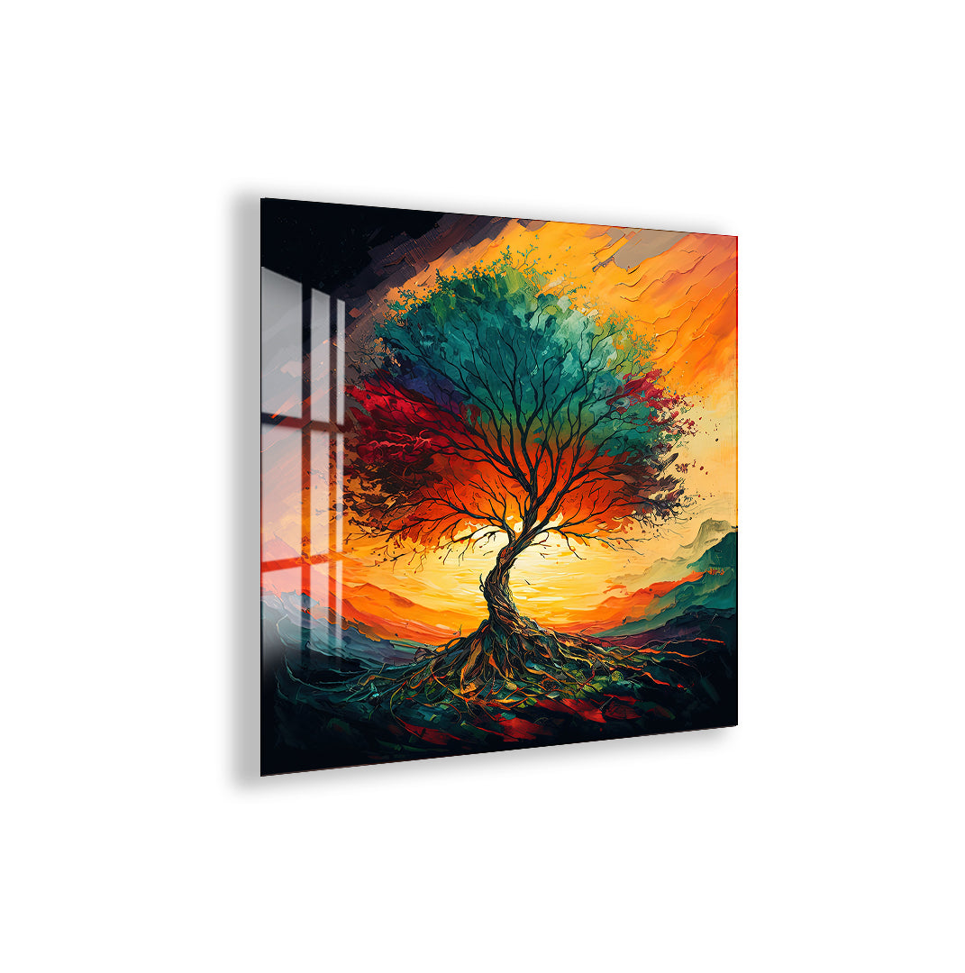 Sunset Tree of Life Glass Wall Art – Vibrant Tempered Glass Modern Decor