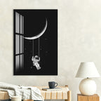 Astronaut Swing on Moon Glass Wall Art – Whimsical Space Decor for Modern Interiors