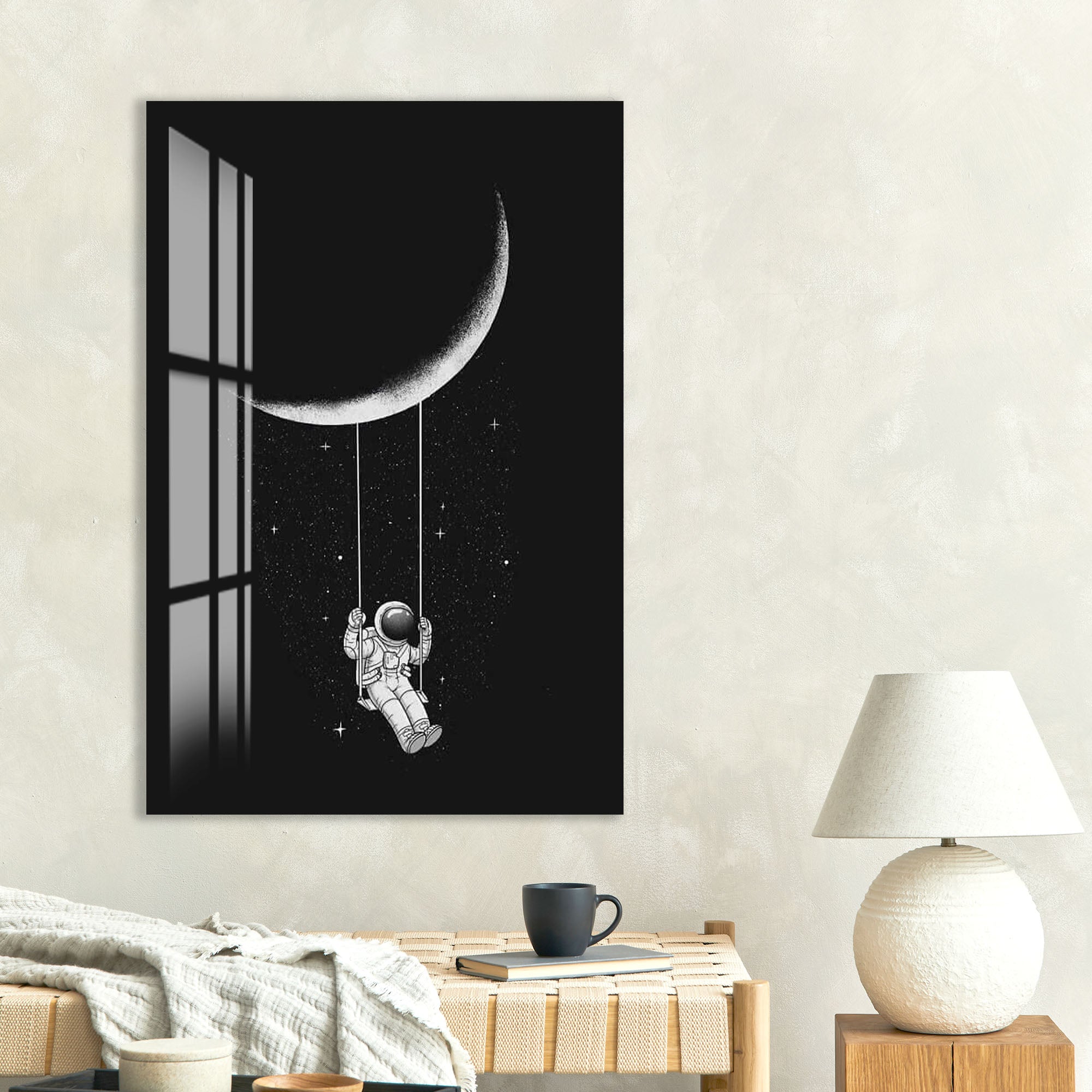 Astronaut Swing on Moon Glass Wall Art – Whimsical Space Decor for Modern Interiors