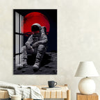 Red Moon Astronaut Glass Wall Art – Futuristic Space Decor for Modern Interiors