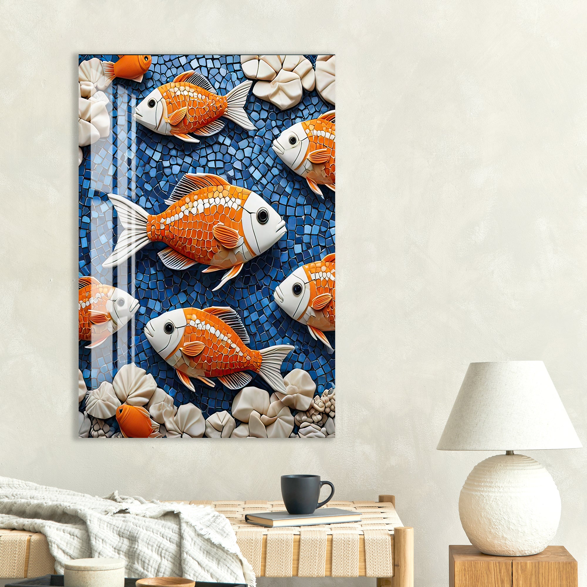 Colorful Koi Fish Glass Wall Art – Vibrant Aquatic Design for Modern Interiors