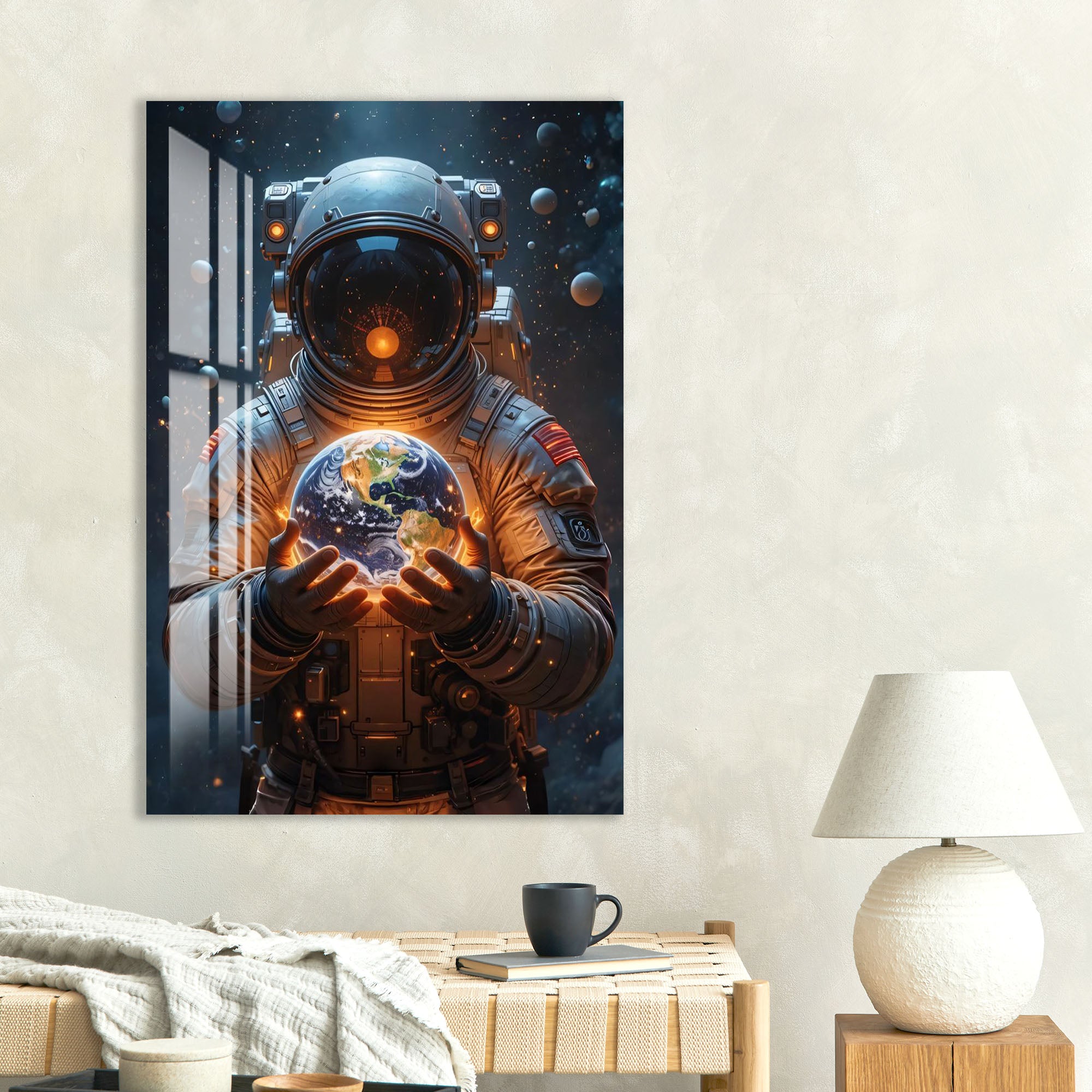 Astronaut Holding Earth Glass Wall Art – Futuristic Space Decor for Modern Interiors