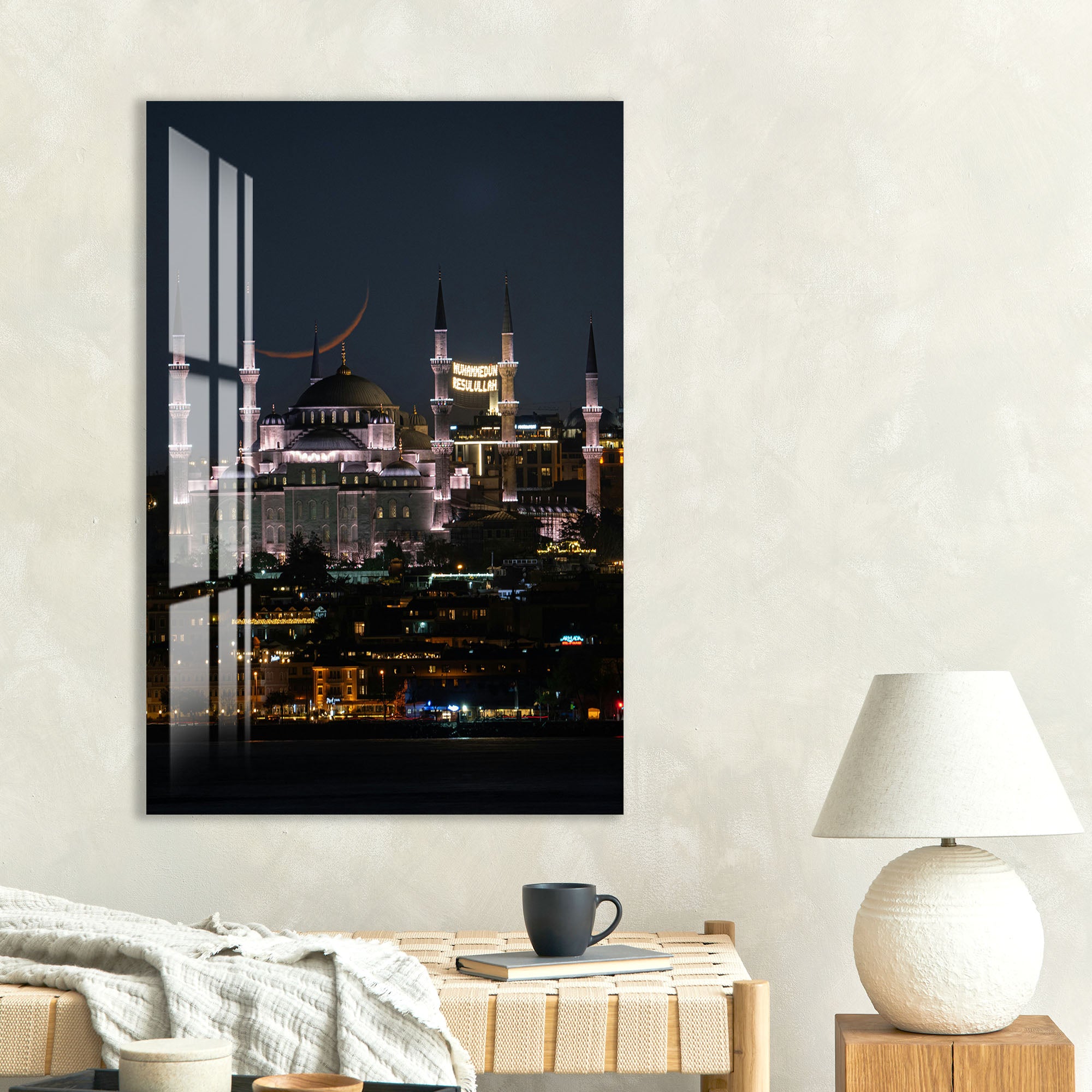 Istanbul Mosque Night View Glass Wall Art – Elegant Cityscape Poster for Modern Interiors