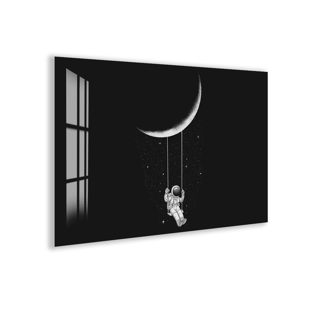 Astronaut Swing on Moon Glass Wall Art – Whimsical Space Decor for Modern Interiors