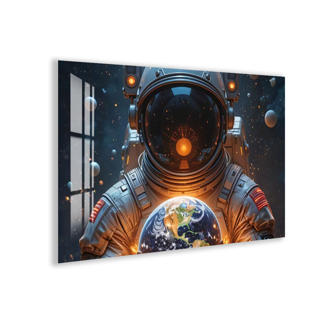 Astronaut Holding Earth Glass Wall Art – Futuristic Space Decor for Modern Interiors