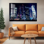 Moscow City Skyline Glass Wall Art – Futuristic Night Skyscraper Poster