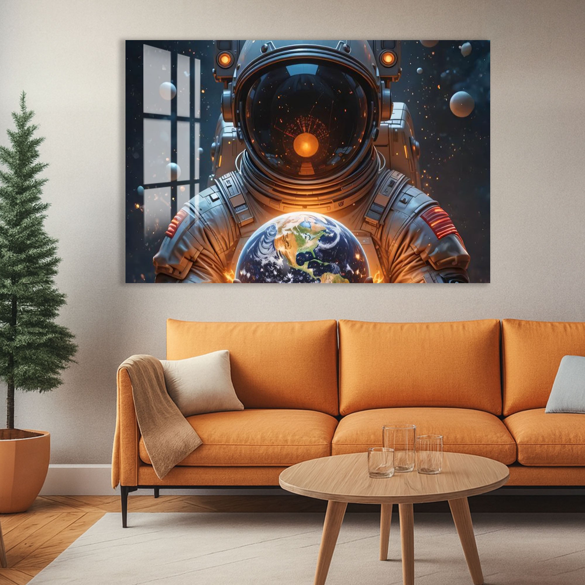 Astronaut Holding Earth Glass Wall Art – Futuristic Space Decor for Modern Interiors