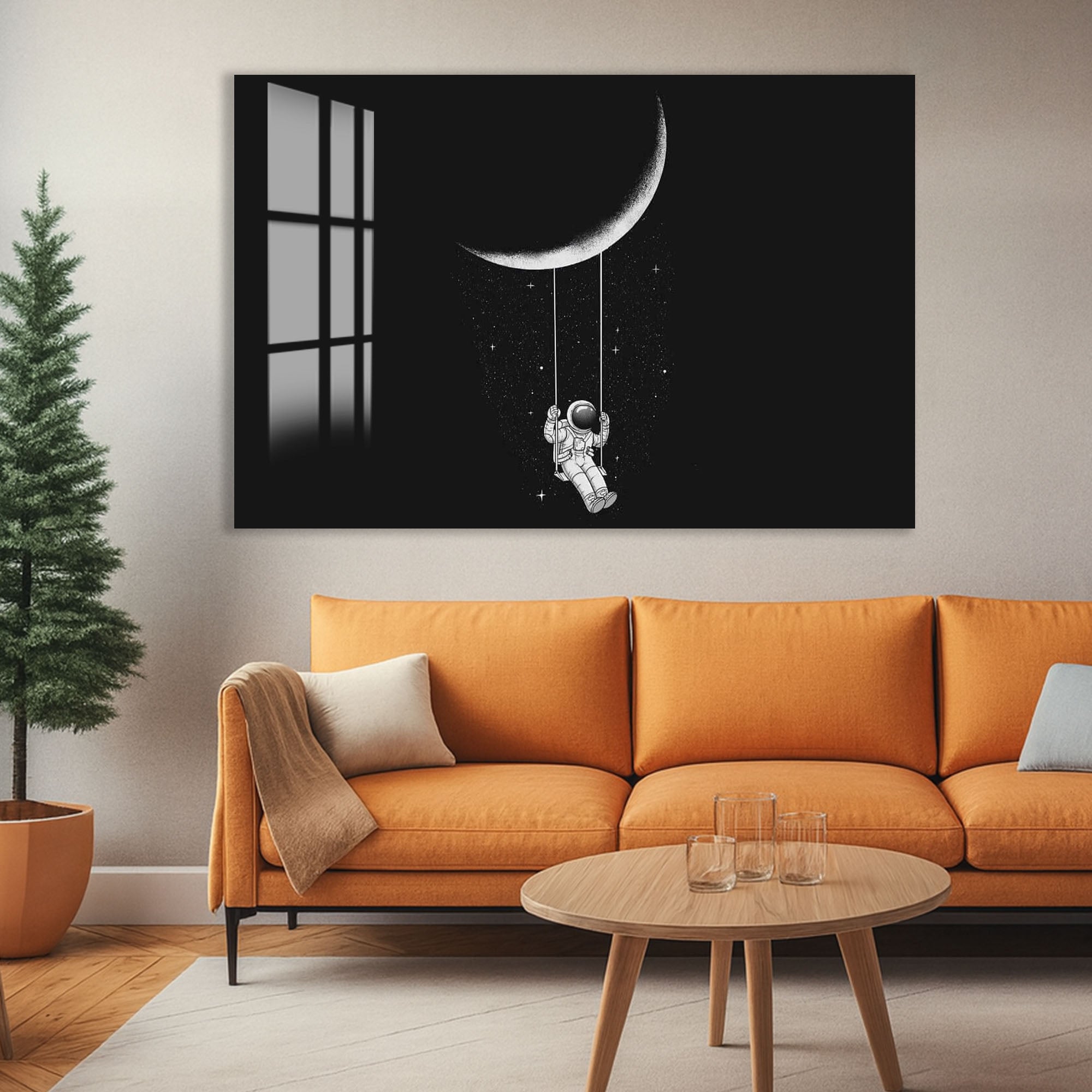 Astronaut Swing on Moon Glass Wall Art – Whimsical Space Decor for Modern Interiors