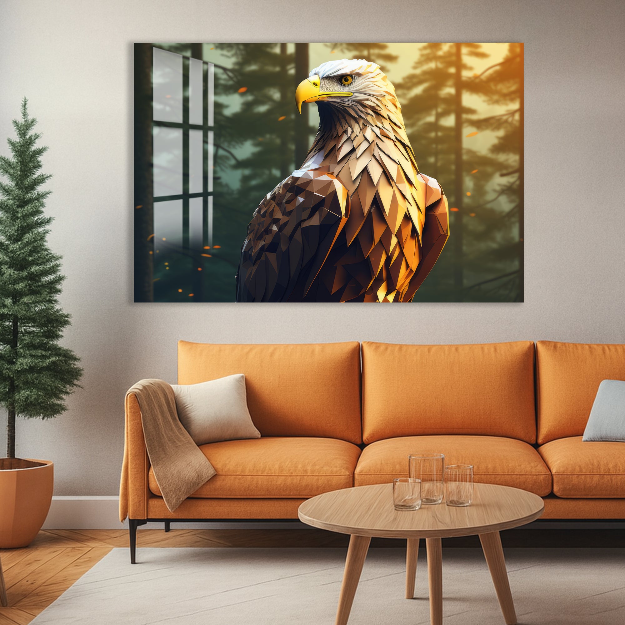Geometric Eagle Glass Wall Art – Modern Wildlife Polygon Style Poster for Interiors