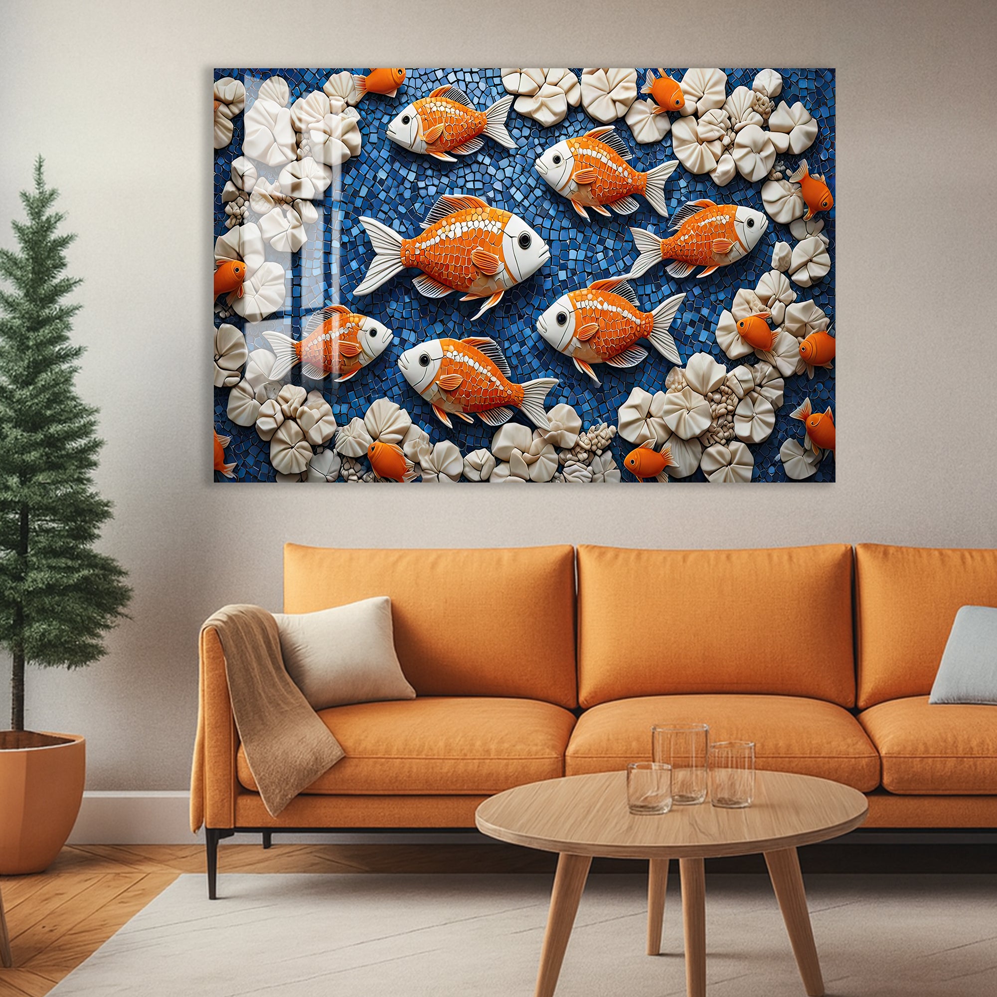 Colorful Koi Fish Glass Wall Art – Vibrant Aquatic Design for Modern Interiors