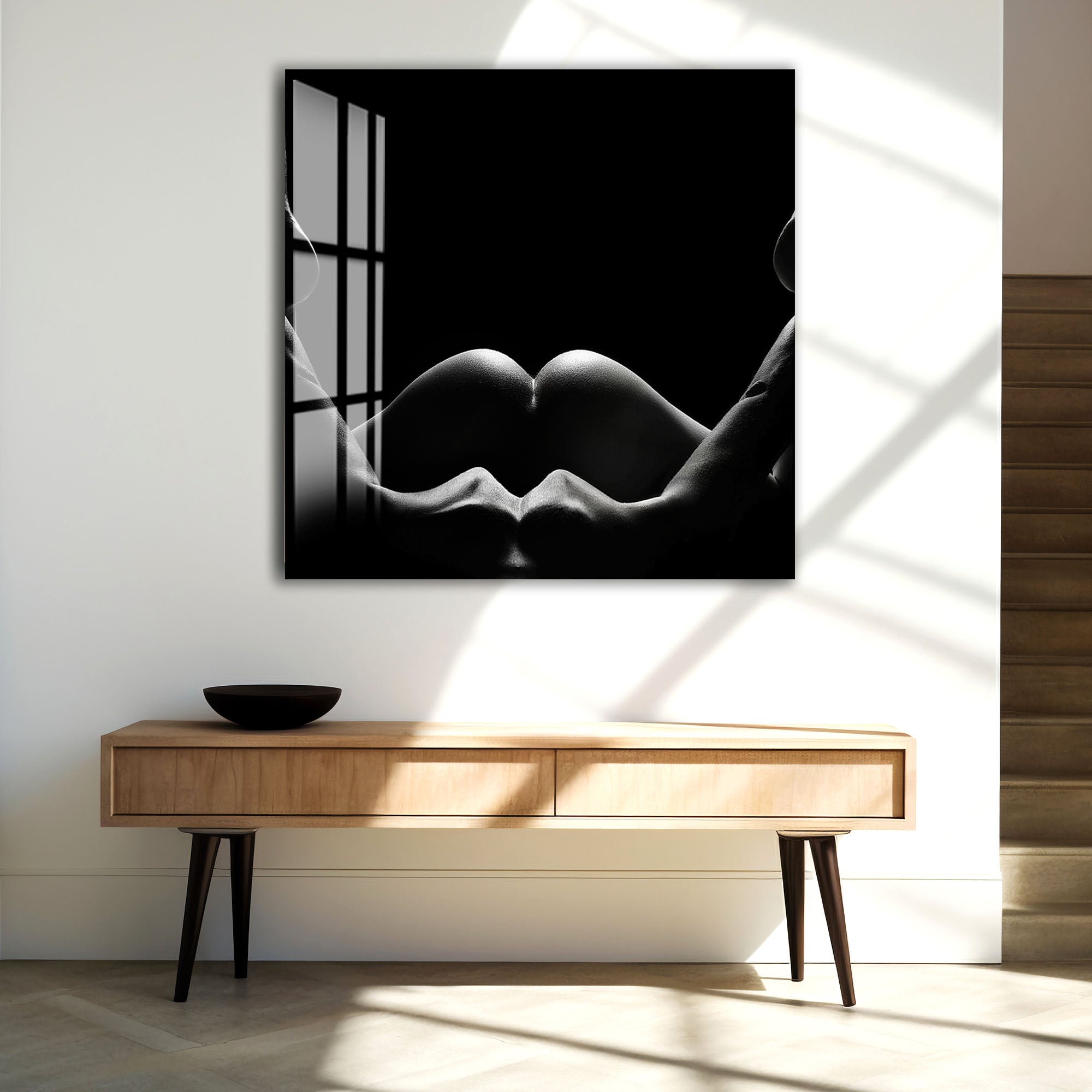 Erotic Nude Glass Wall Art – Sensual Black and White Intimate Body Decor