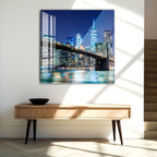 Brooklyn Bridge Night Glass Wall Art – Illuminated New York City Skyline Poster