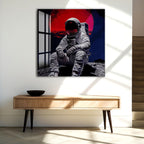 Red Moon Astronaut Glass Wall Art – Futuristic Space Decor for Modern Interiors
