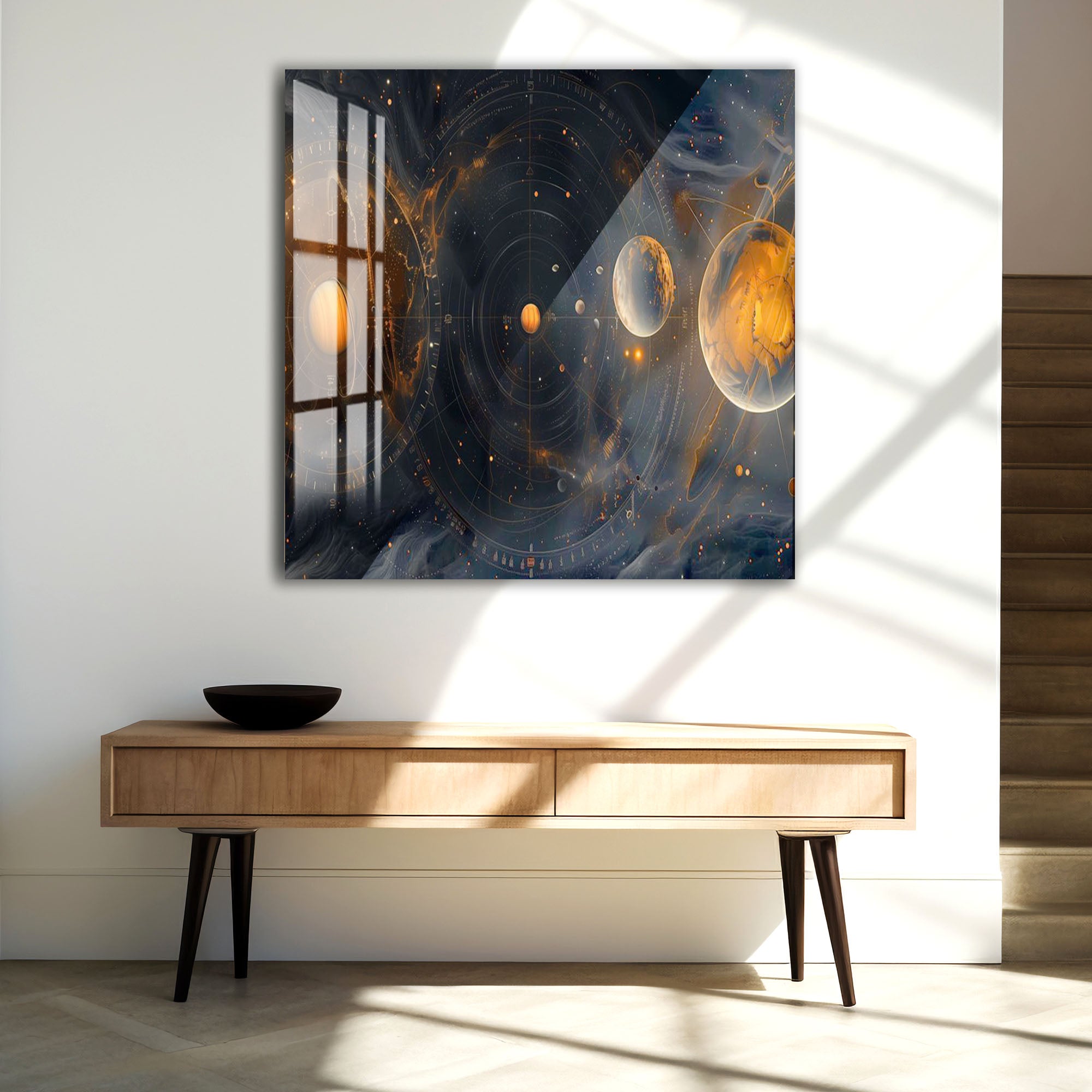 Solar System Glass Wall Art – Cosmic Planetary Orbit Design for Modern Interiors