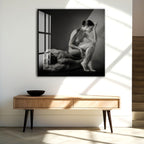 Erotic Couple Glass Wall Art – Sensual Black and White Nude Decor for Modern Interiors