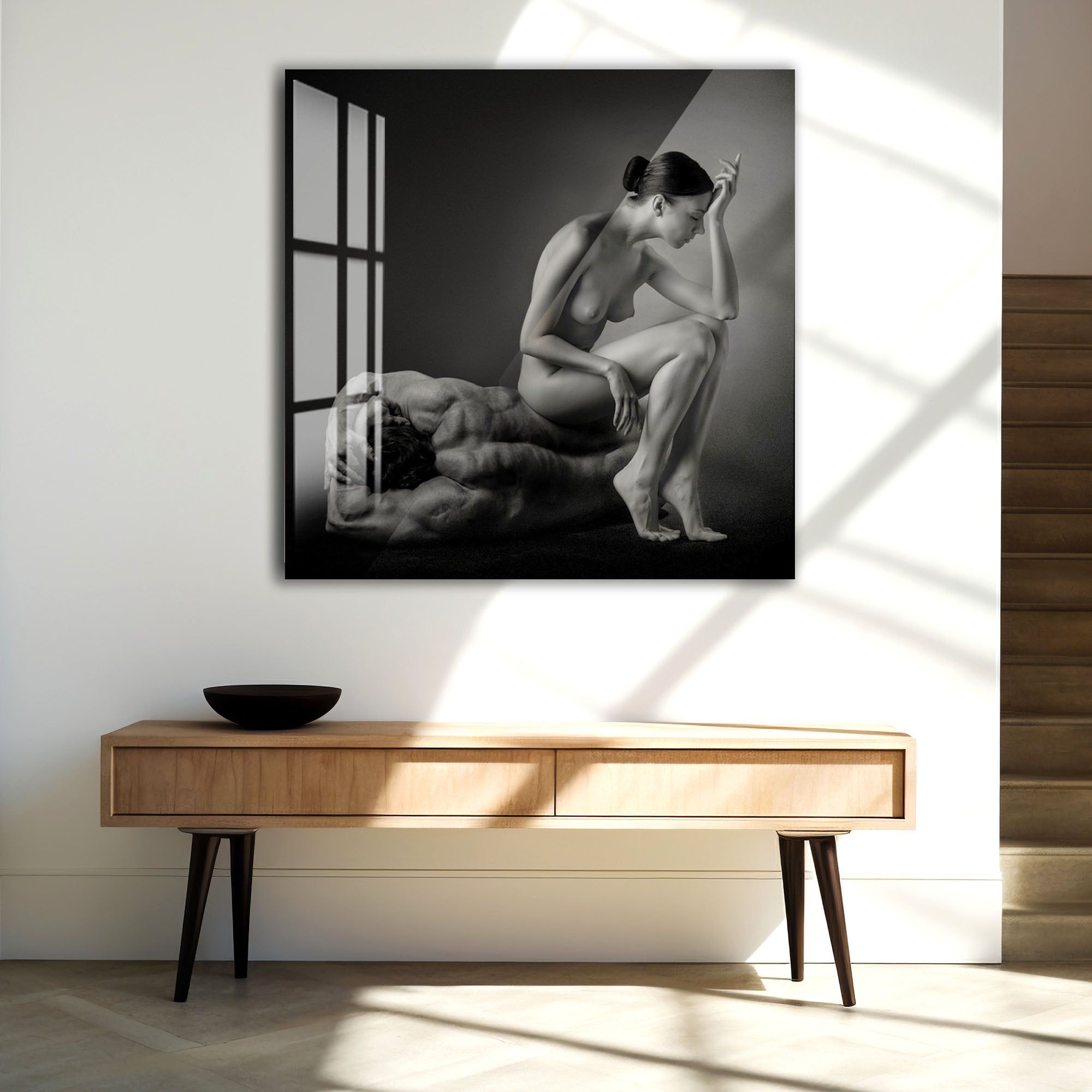 Erotic Couple Glass Wall Art – Sensual Black and White Nude Decor for Modern Interiors