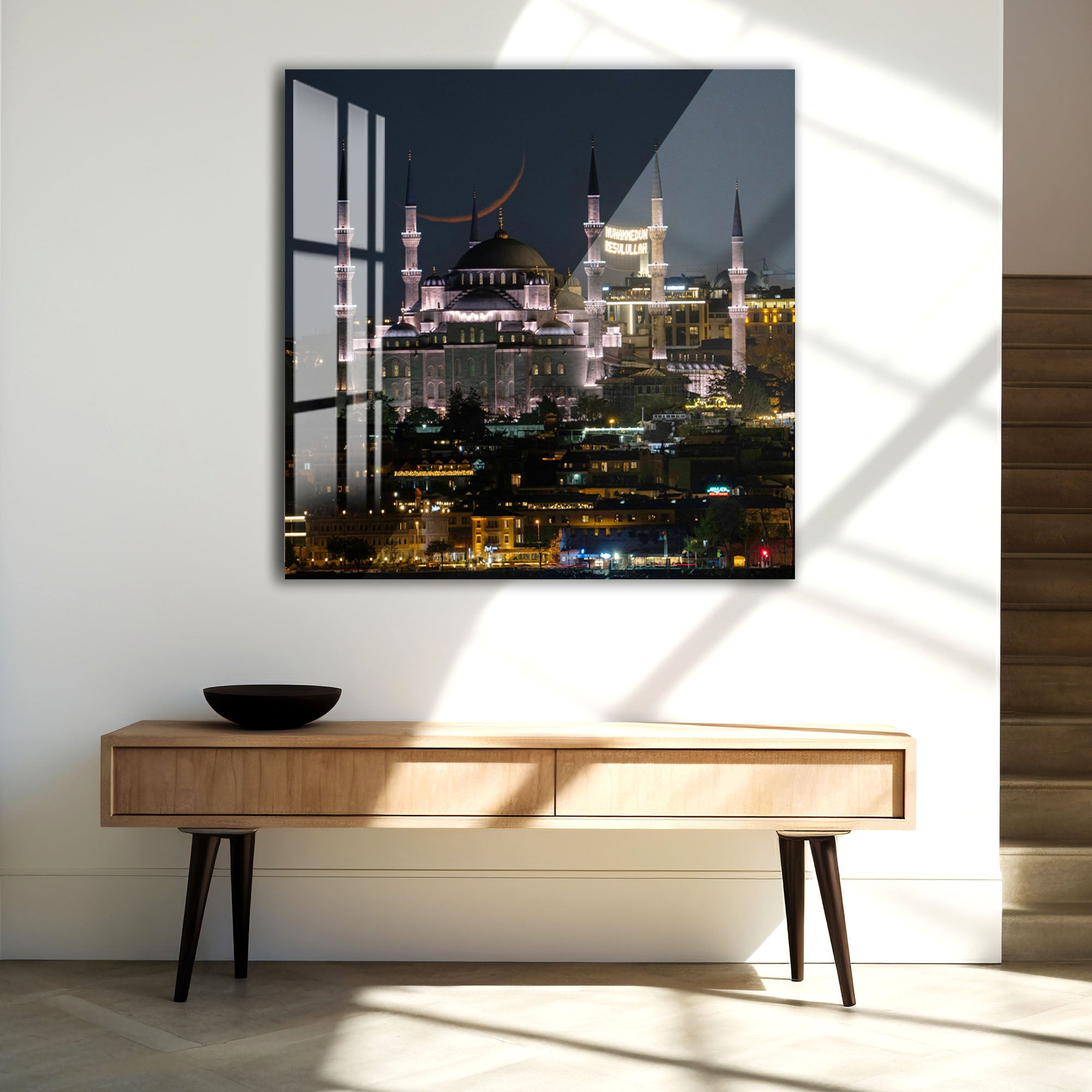 Istanbul Mosque Night View Glass Wall Art – Elegant Cityscape Poster for Modern Interiors