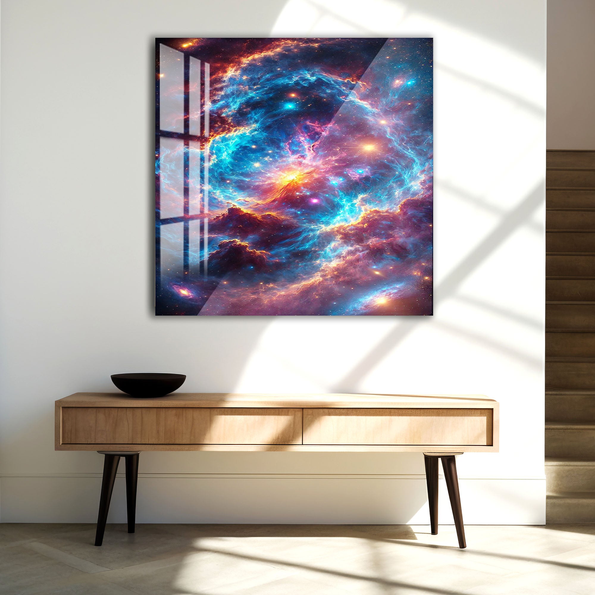 Colorful Cosmic Nebula Glass Wall Art – Vibrant Space Decor for Modern Interiors