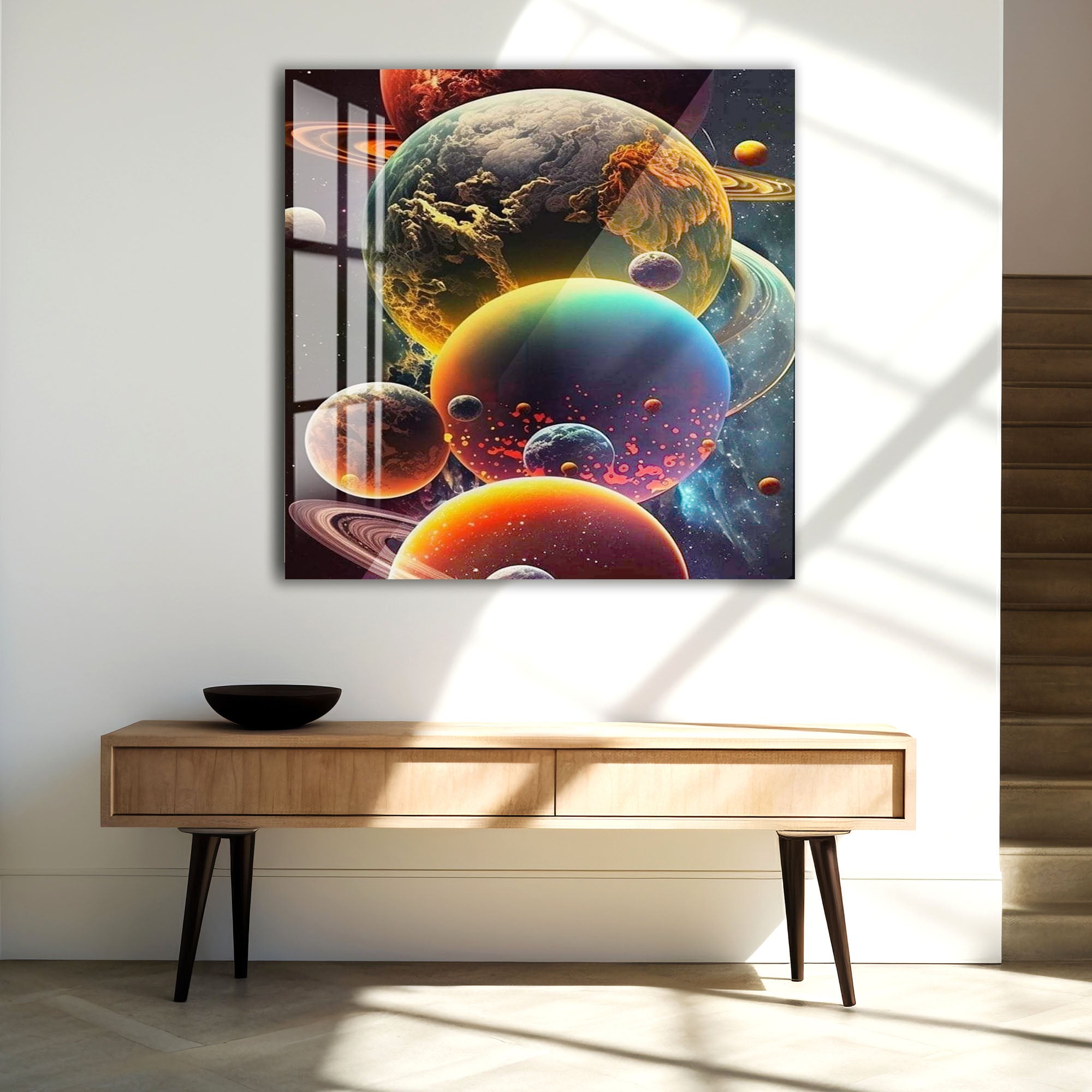 Colorful Planets Glass Wall Art – Epic Space Universe Poster for Modern Interiors