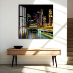 Singapore Skyline Glass Wall Art – Modern Cityscape Poster with Night Lights