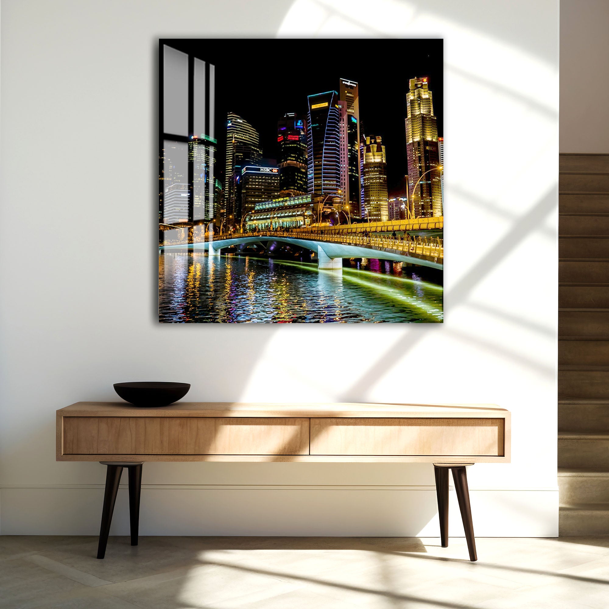 Singapore Skyline Glass Wall Art – Modern Cityscape Poster with Night Lights