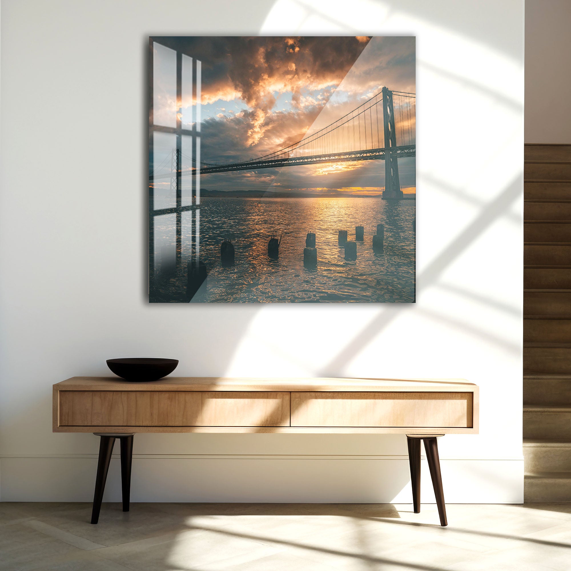 Golden Gate Bridge Sunset Glass Wall Art – Stunning San Francisco Cityscape Poster