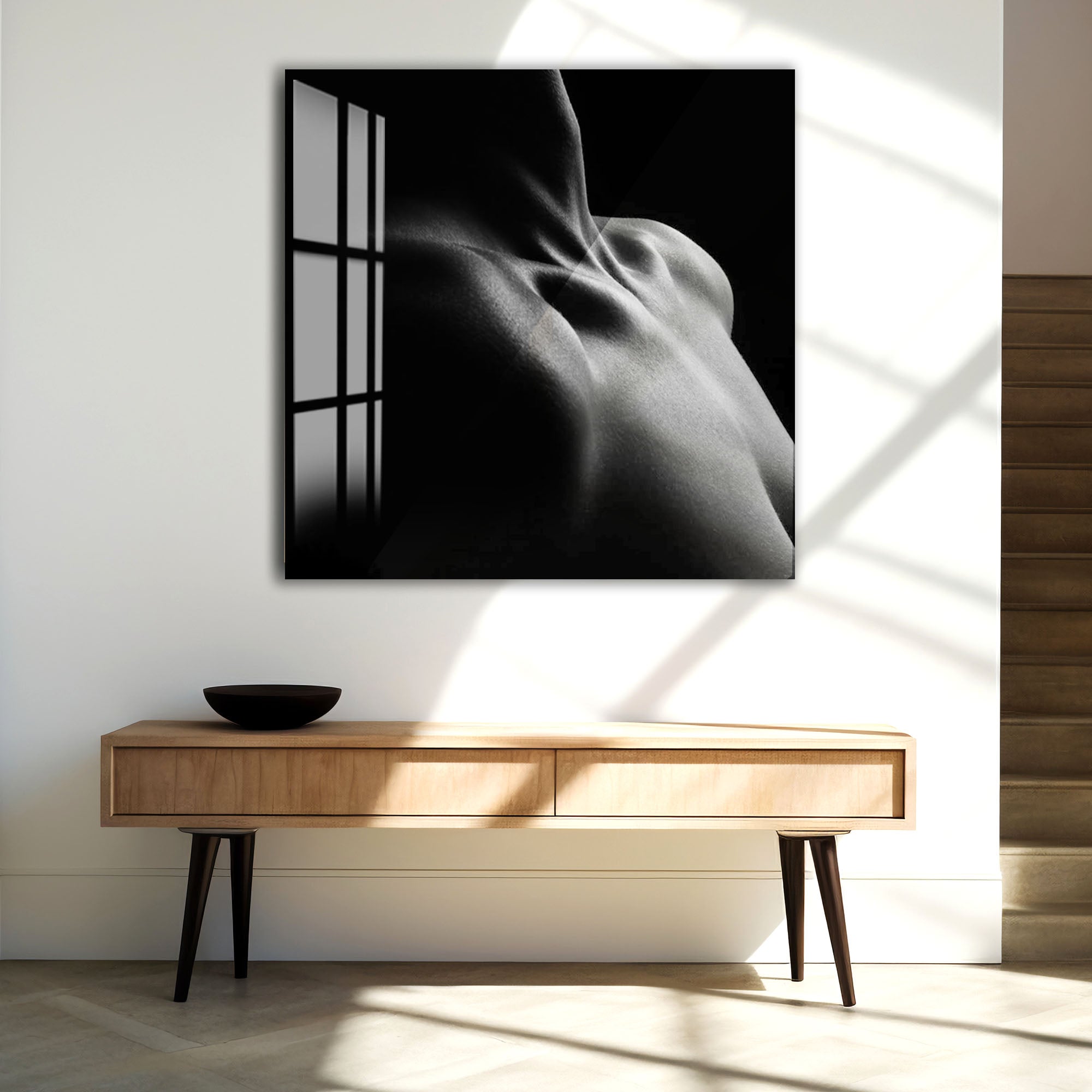 Erotic Male Nude Glass Wall Art – Sensual Black and White Body Decor